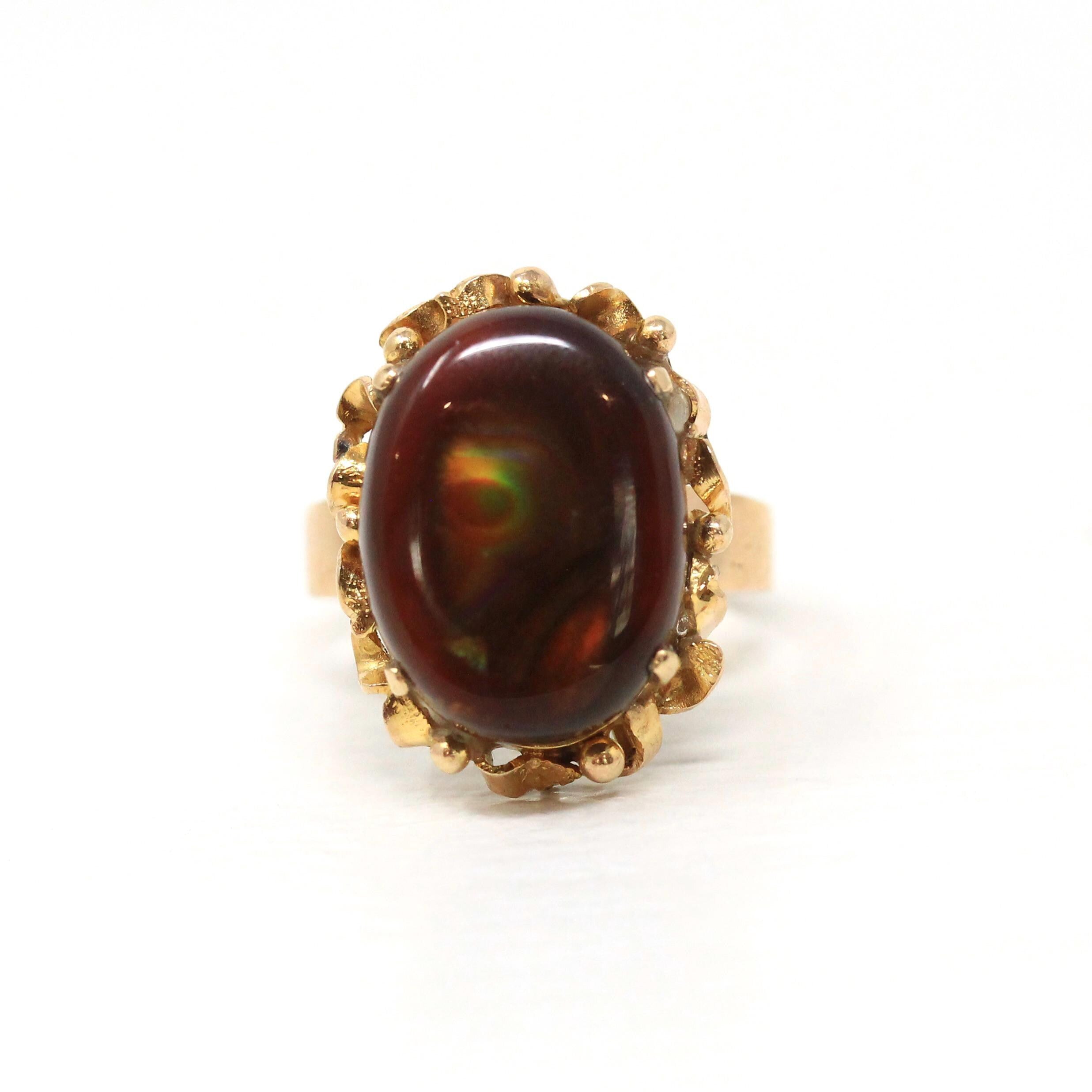 Vintage Fire Agate Ring - Retro 14k Yellow Gold Oval Iridescent Brown Gemstone - Circa 1970s Era Size 6 Unique Fine Statement 70s Jewelry