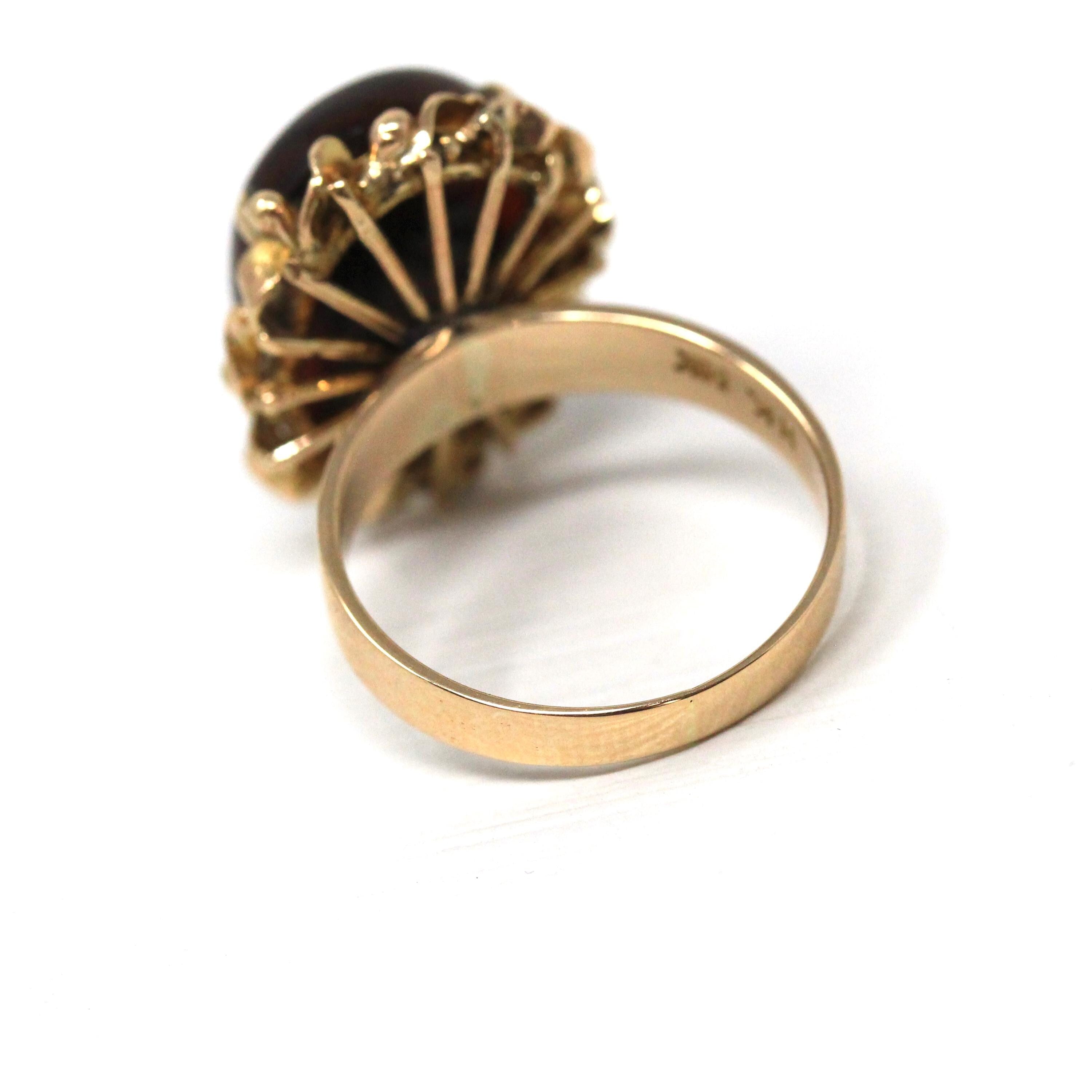 Vintage Fire Agate Ring - Retro 14k Yellow Gold Oval Iridescent Brown Gemstone - Circa 1970s Era Size 6 Unique Fine Statement 70s Jewelry