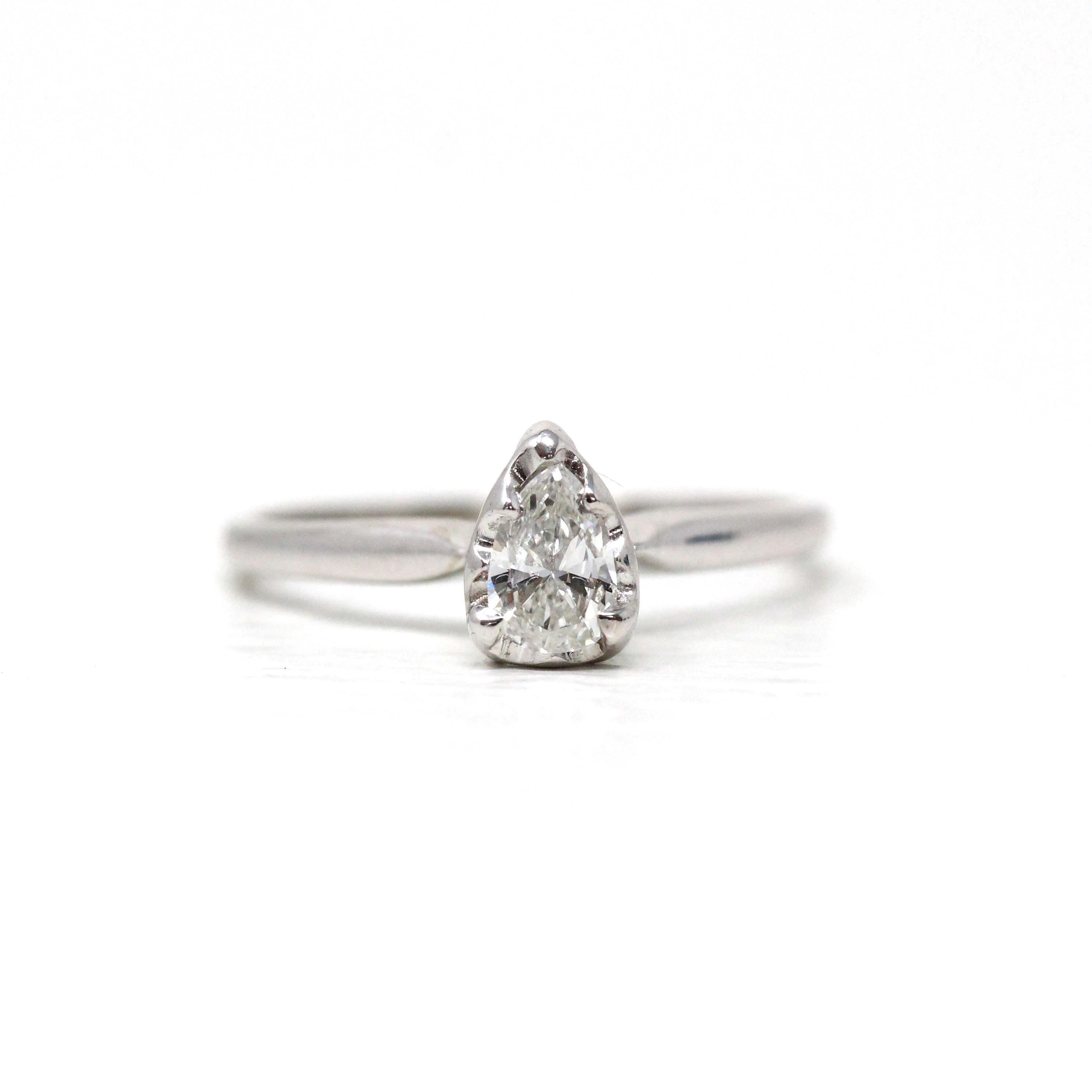 Vintage Diamond Ring - Retro 14k White Gold Pear Brilliant Cut .13 CT Gem - Circa 1960s Size 6.25 Solitaire Fine Bridal Engagement Jewelry