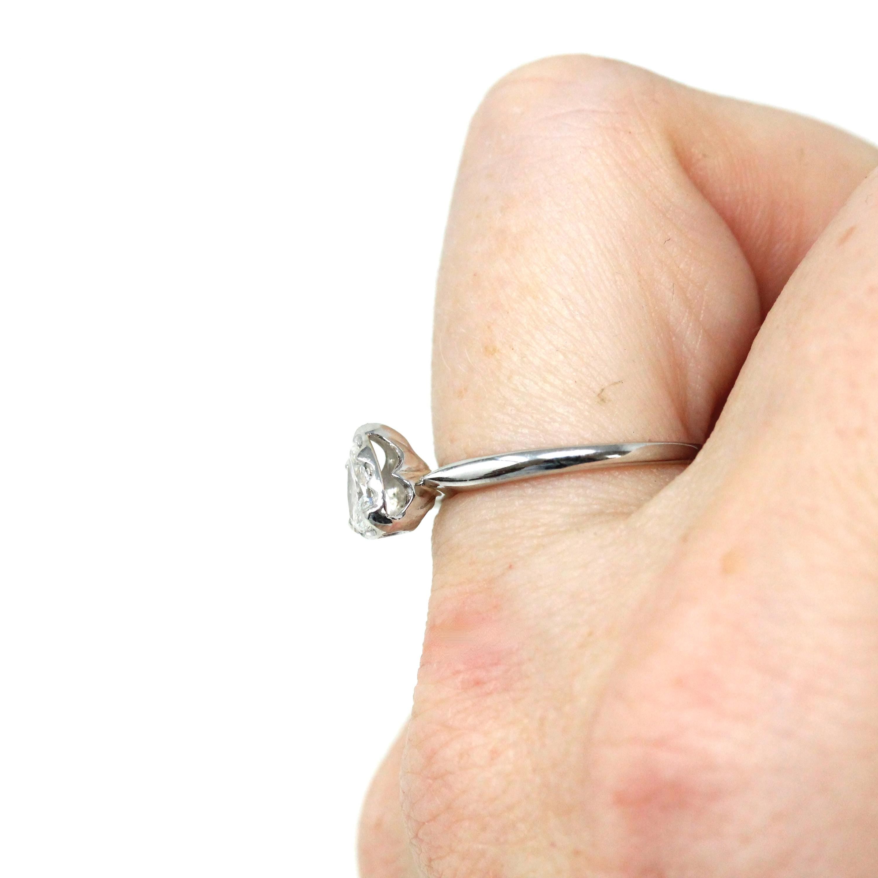 Vintage Diamond Ring - Retro 14k White Gold Pear Brilliant Cut .13 CT Gem - Circa 1960s Size 6.25 Solitaire Fine Bridal Engagement Jewelry