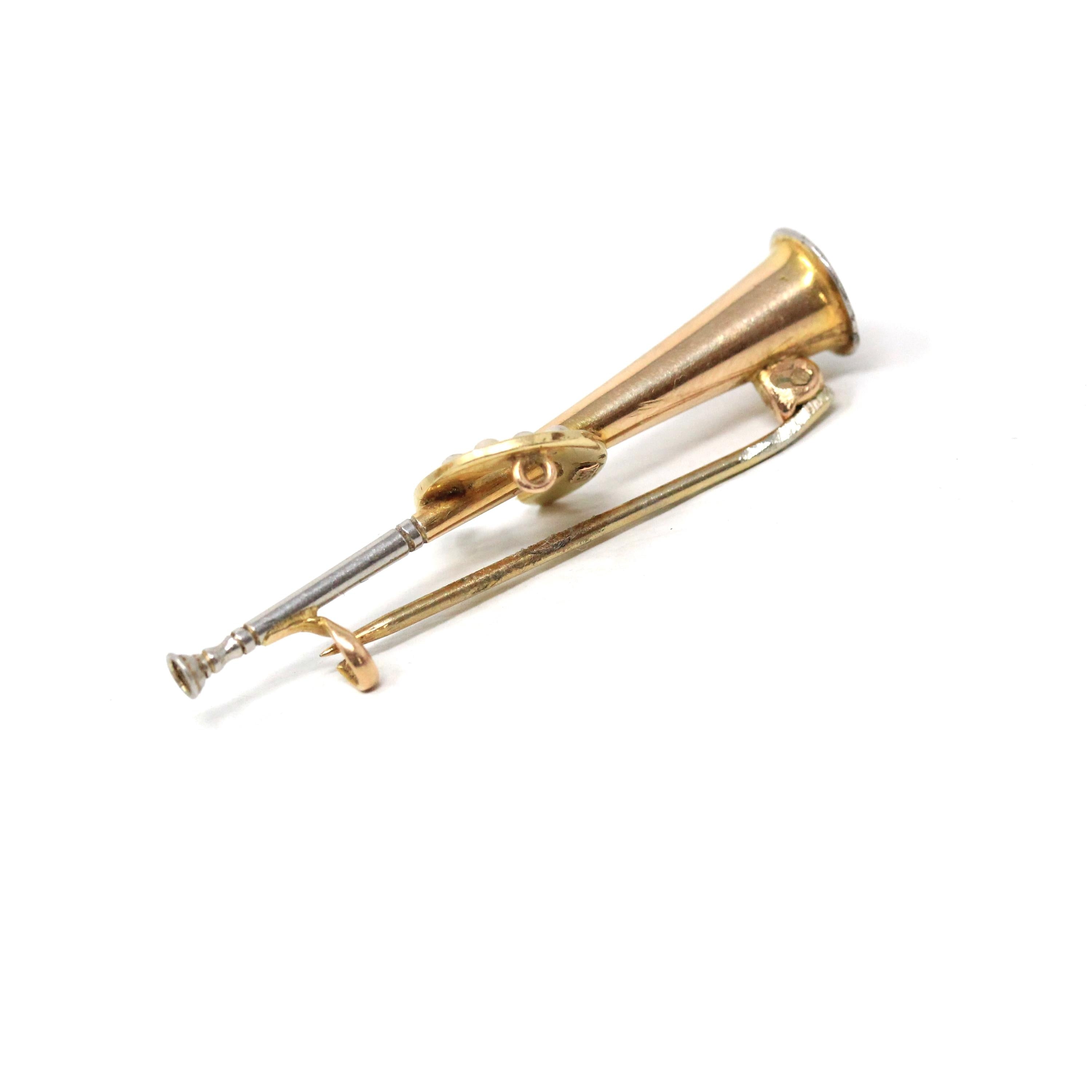 Antique Equestrian Brooch - Edwardian 15k Yellow Gold & Platinum Hunting Horn And Seed Pearl Horseshoe Pin - Circa 1900s Statement Jewelry