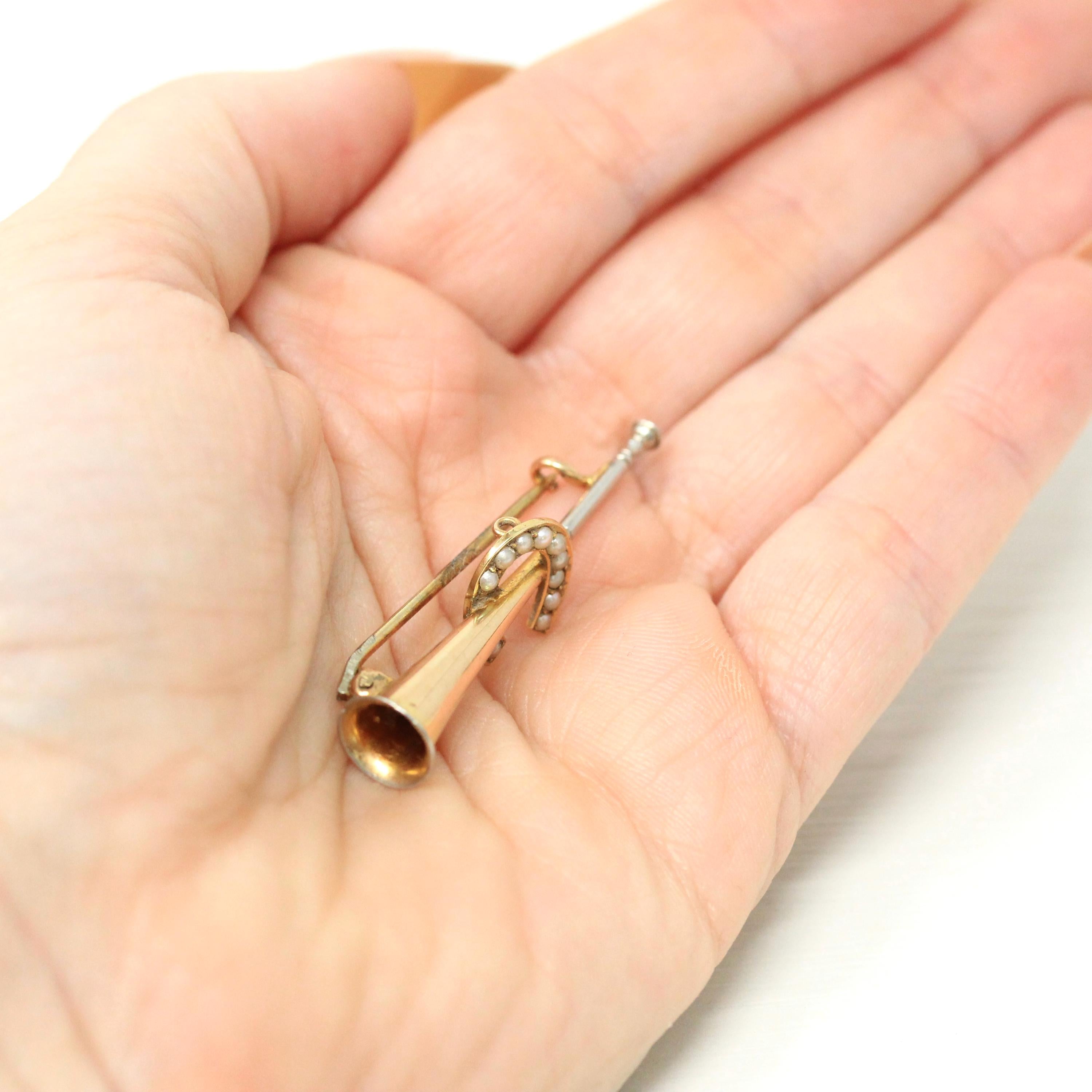 Antique Equestrian Brooch - Edwardian 15k Yellow Gold & Platinum Hunting Horn And Seed Pearl Horseshoe Pin - Circa 1900s Statement Jewelry