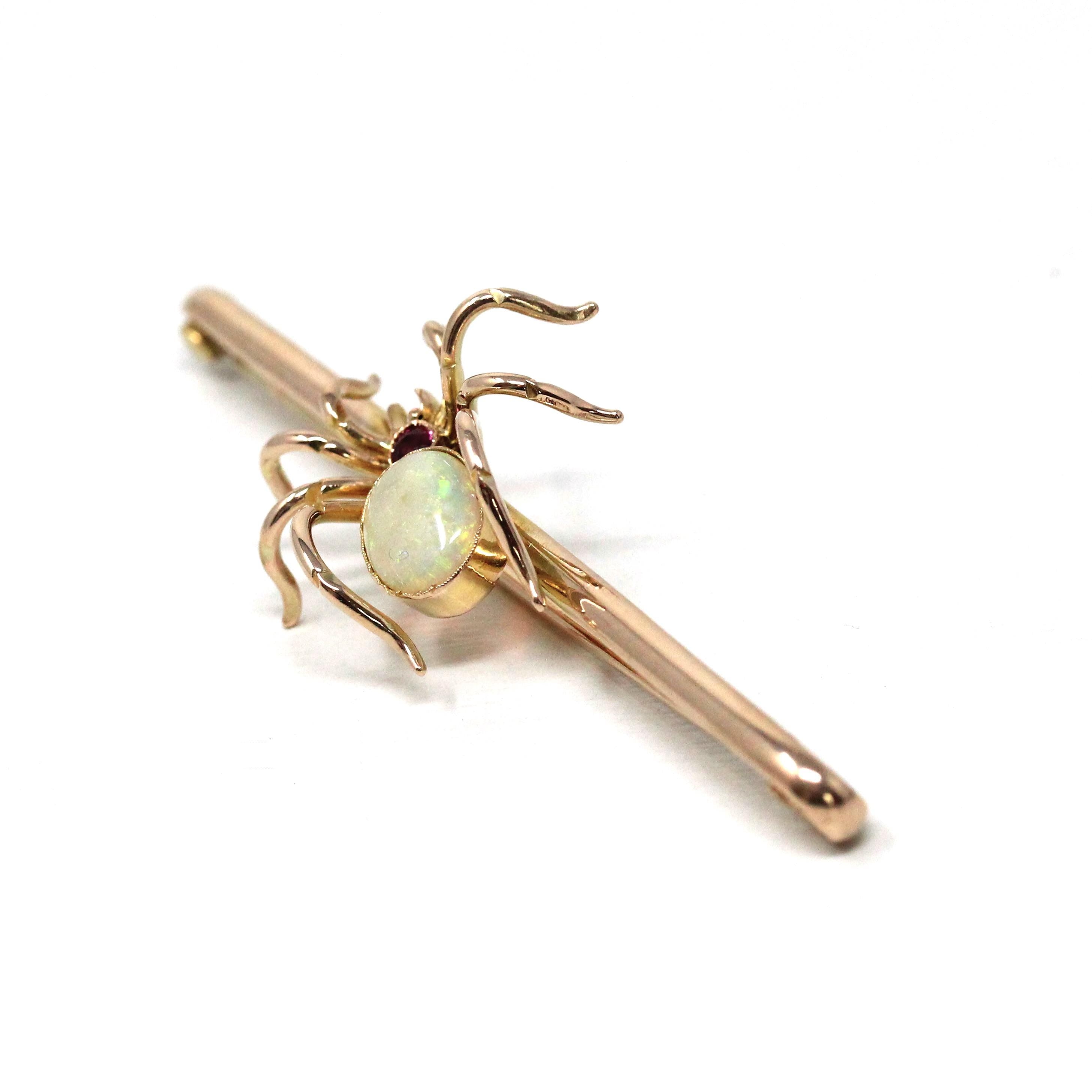 Antique Spider Brooch - Edwardian 9k Yellow Gold Ruby & Opal Gemstone - Vintage Circa 1900s Era Arachnid Pin Fine Insect Statement Accessory