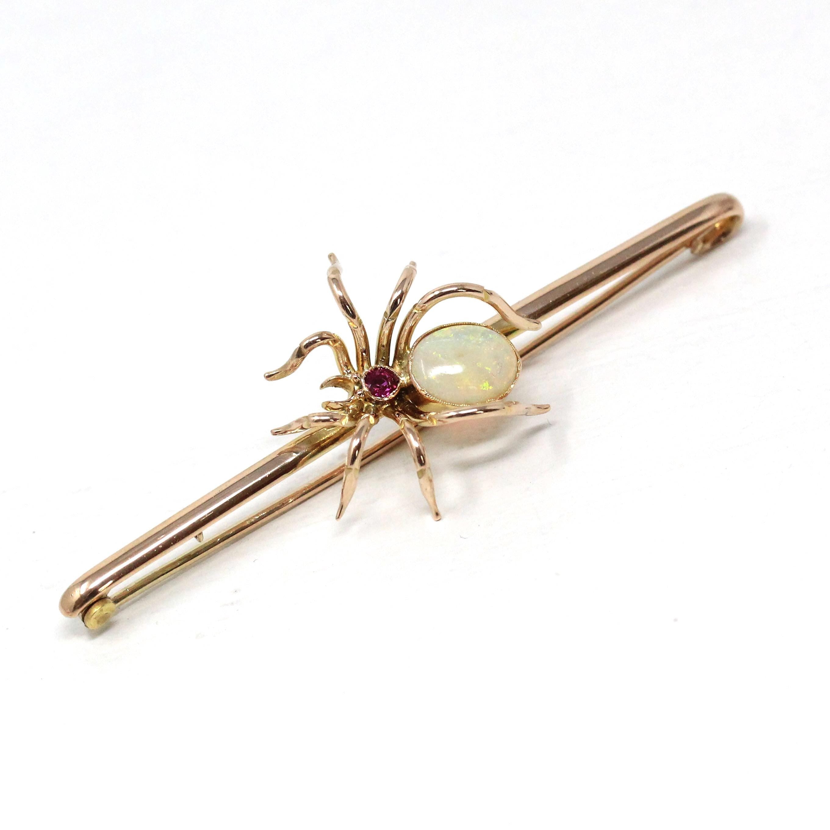 Antique Spider Brooch - Edwardian 9k Yellow Gold Ruby & Opal Gemstone - Vintage Circa 1900s Era Arachnid Pin Fine Insect Statement Accessory