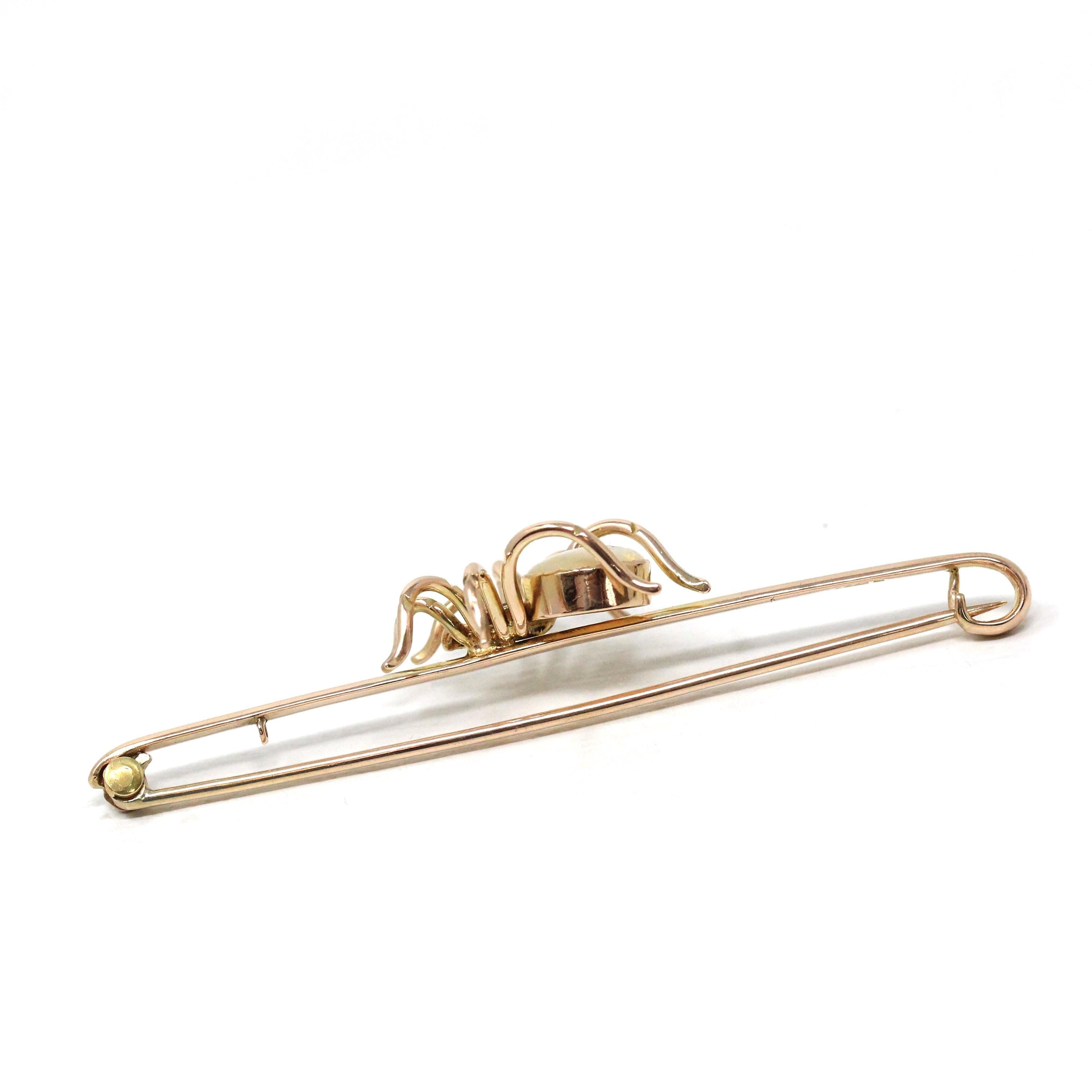 Antique Spider Brooch - Edwardian 9k Yellow Gold Ruby & Opal Gemstone - Vintage Circa 1900s Era Arachnid Pin Fine Insect Statement Accessory