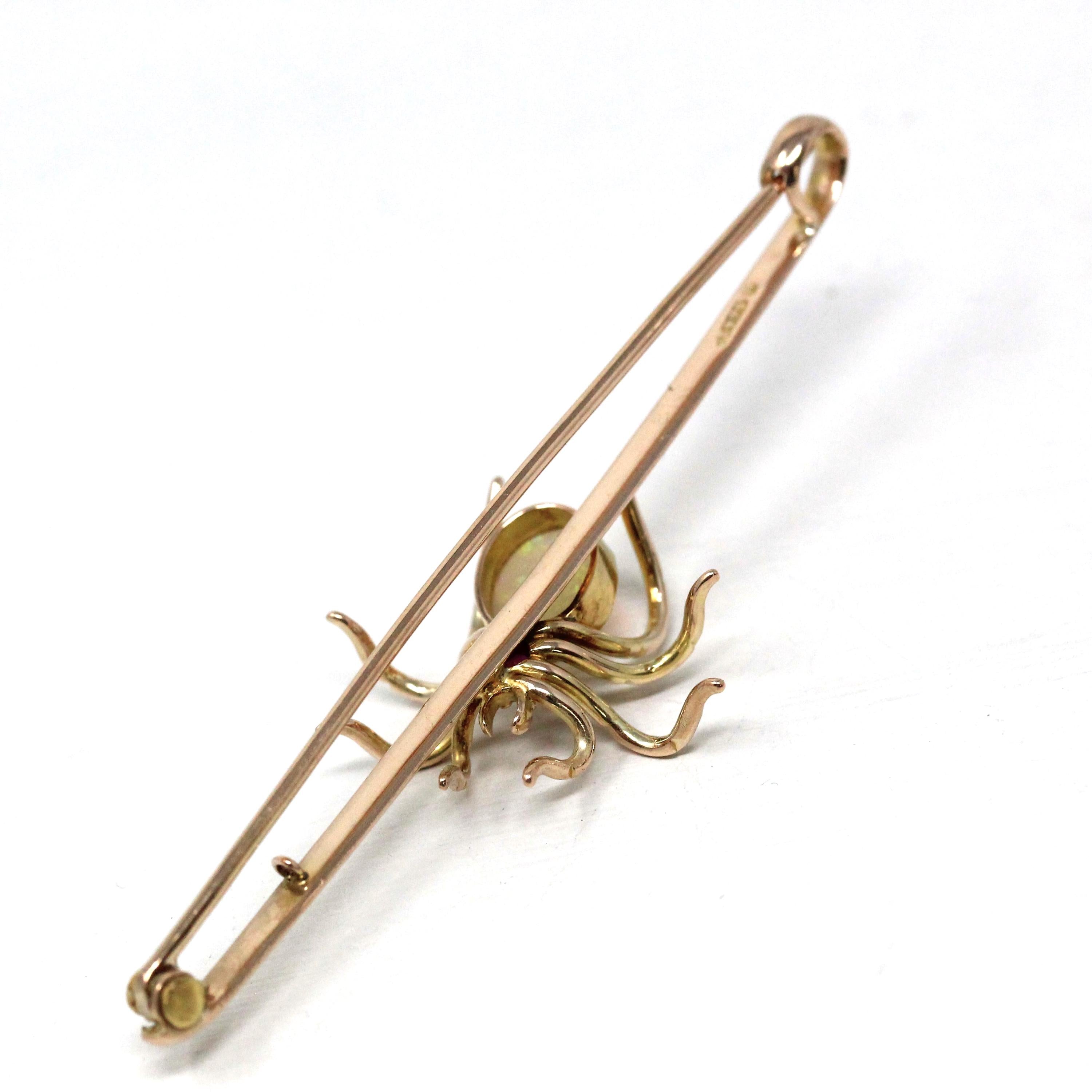 Antique Spider Brooch - Edwardian 9k Yellow Gold Ruby & Opal Gemstone - Vintage Circa 1900s Era Arachnid Pin Fine Insect Statement Accessory