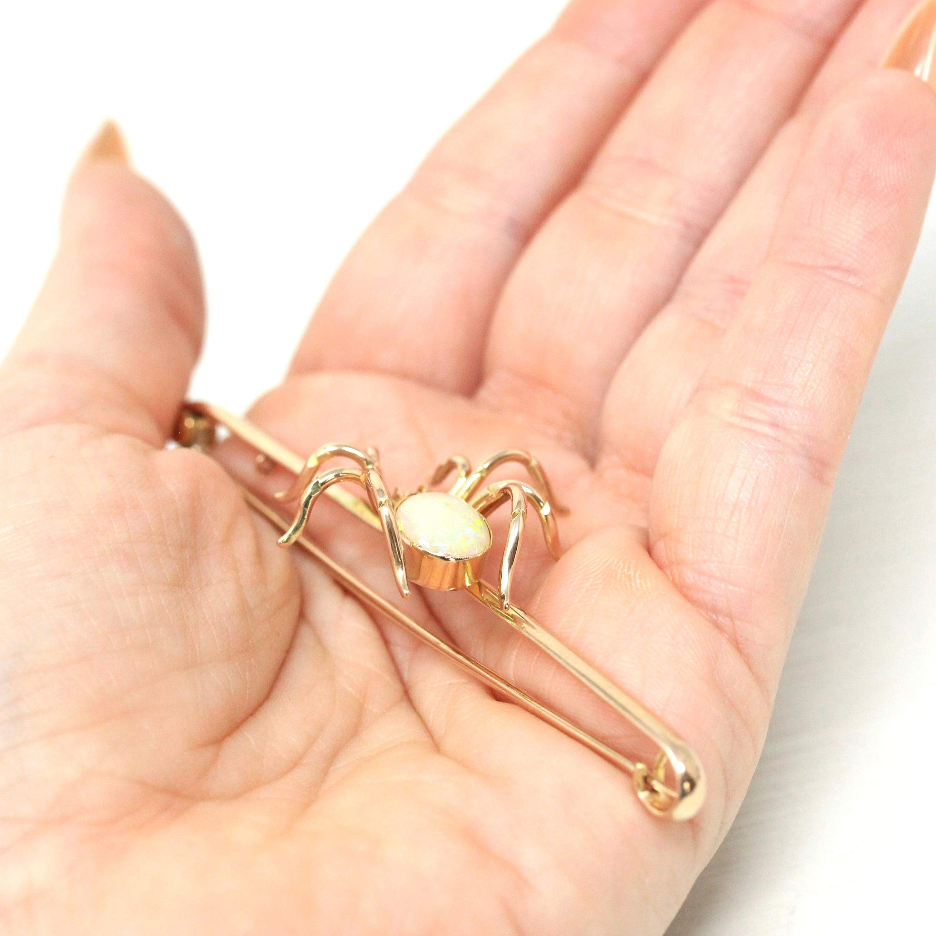 Antique Spider Brooch - Edwardian 9k Yellow Gold Ruby & Opal Gemstone - Vintage Circa 1900s Era Arachnid Pin Fine Insect Statement Accessory