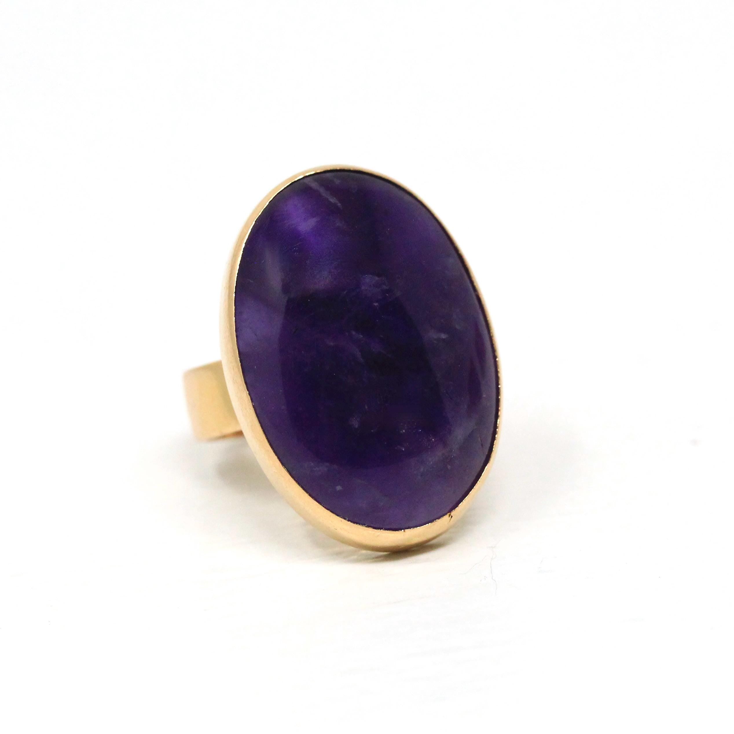 Amethyst Cocktail Ring - Estate 18k Yellow Gold Natural Purple Gemstone - Vintage Circa 1980s Era Size 5 3/4 Egyptian Hallmarks Fine Jewelry