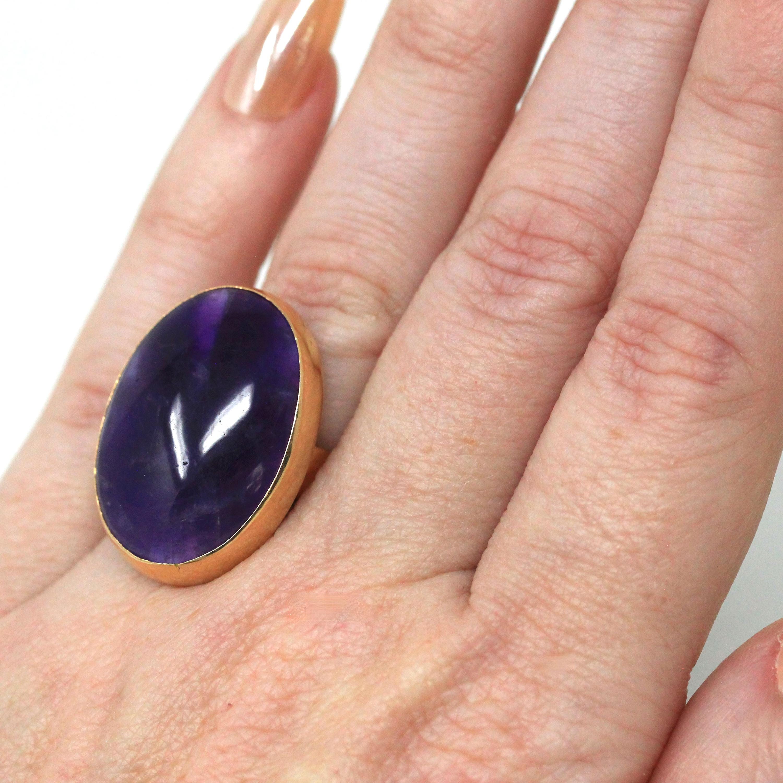 Amethyst Cocktail Ring - Estate 18k Yellow Gold Natural Purple Gemstone - Vintage Circa 1980s Era Size 5 3/4 Egyptian Hallmarks Fine Jewelry