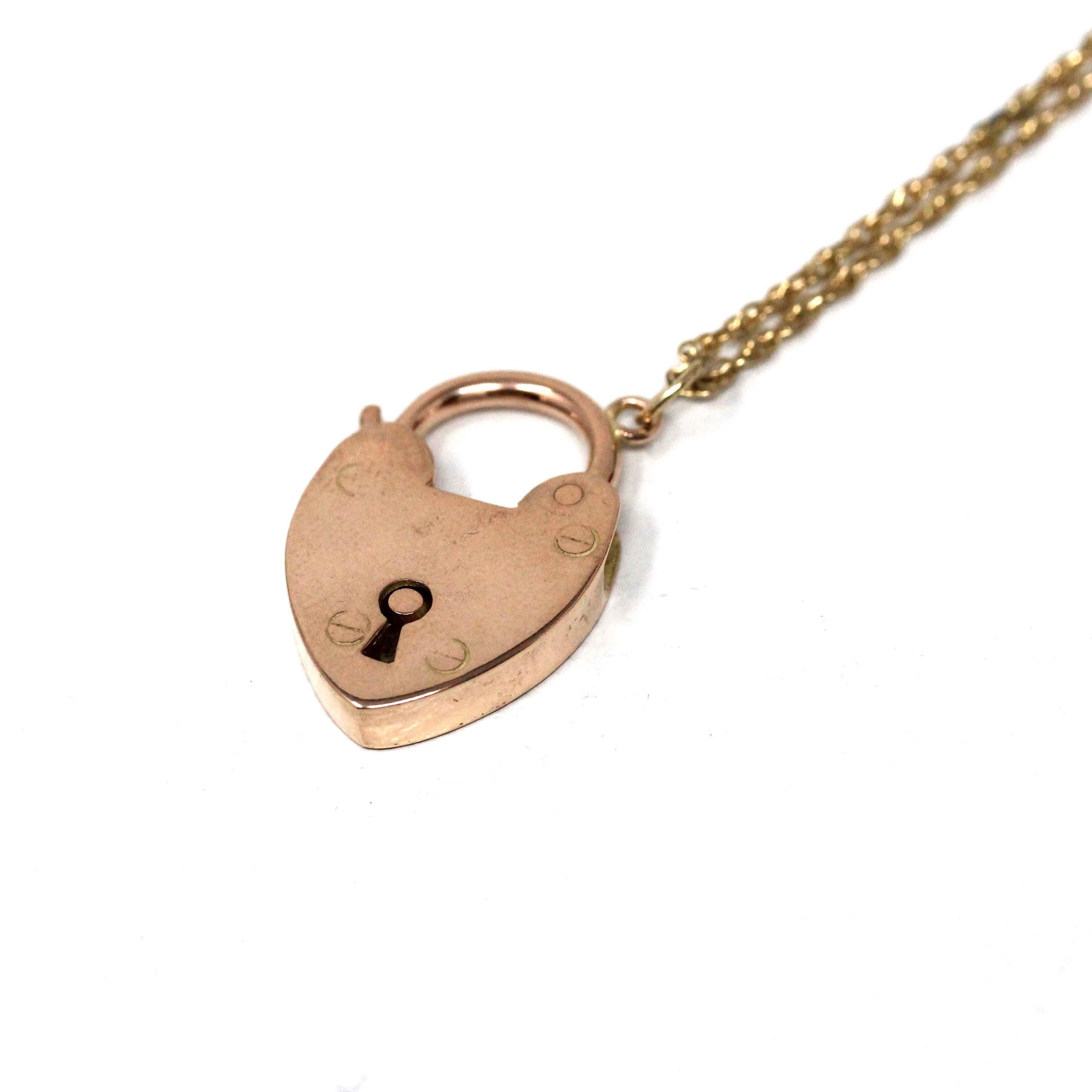 Antique Padlock Necklace - Edwardian 9ct Rose Gold Heart Shaped Lock Key Pendant Charm - Vintage Circa 1910s Era Statement Fine Jewelry