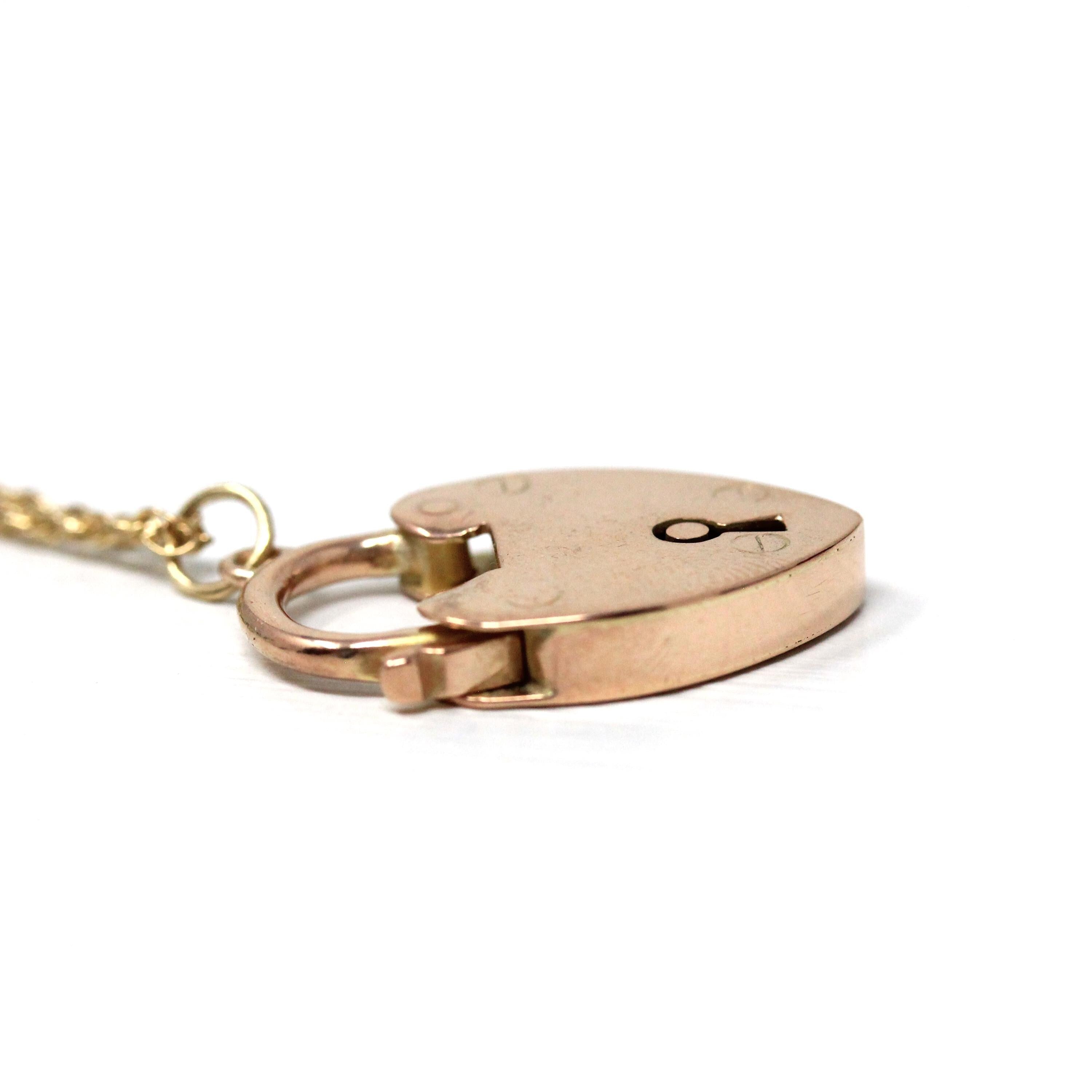 Antique Padlock Necklace - Edwardian 9ct Rose Gold Heart Shaped Lock Key Pendant Charm - Vintage Circa 1910s Era Statement Fine Jewelry