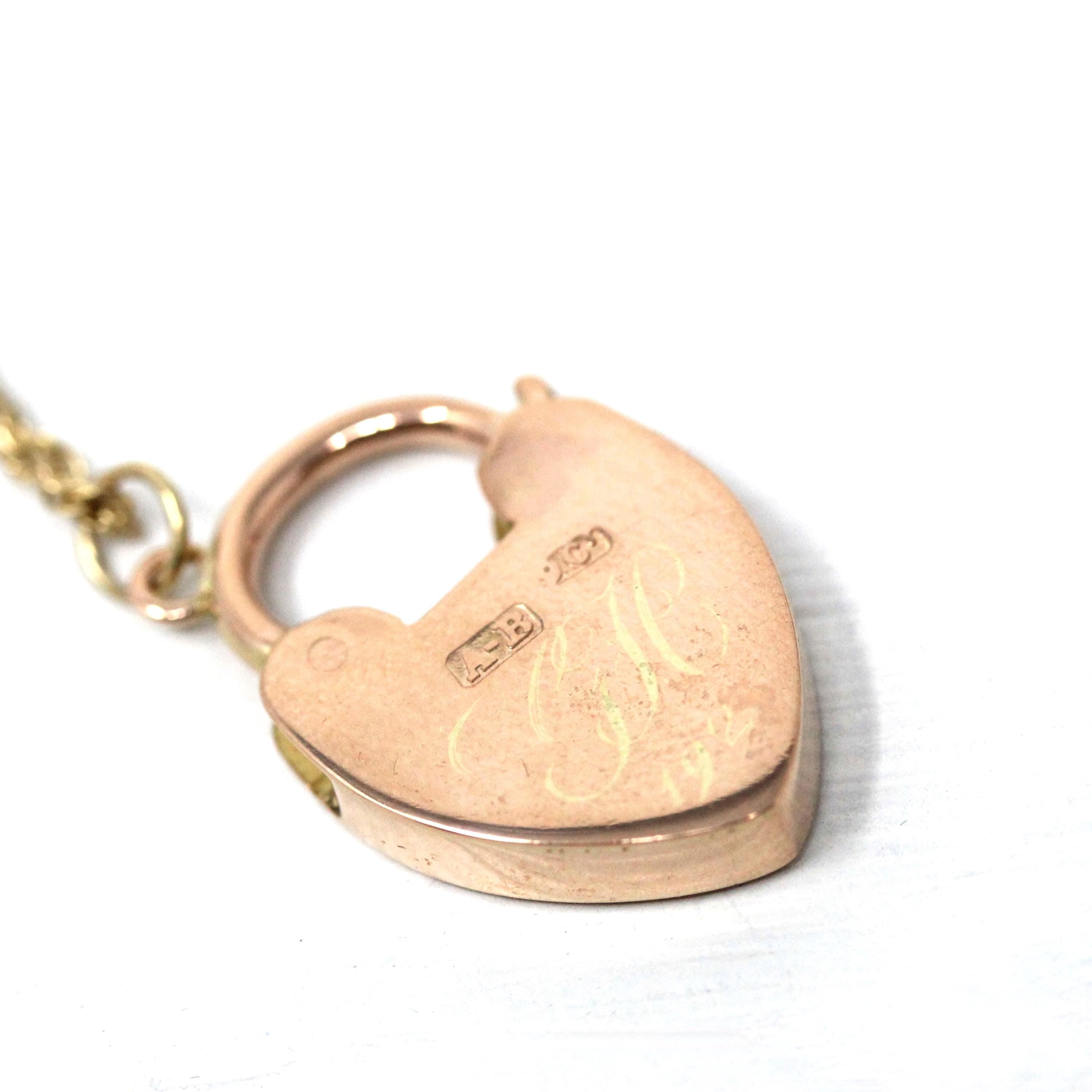 Antique Padlock Necklace - Edwardian 9ct Rose Gold Heart Shaped Lock Key Pendant Charm - Vintage Circa 1910s Era Statement Fine Jewelry