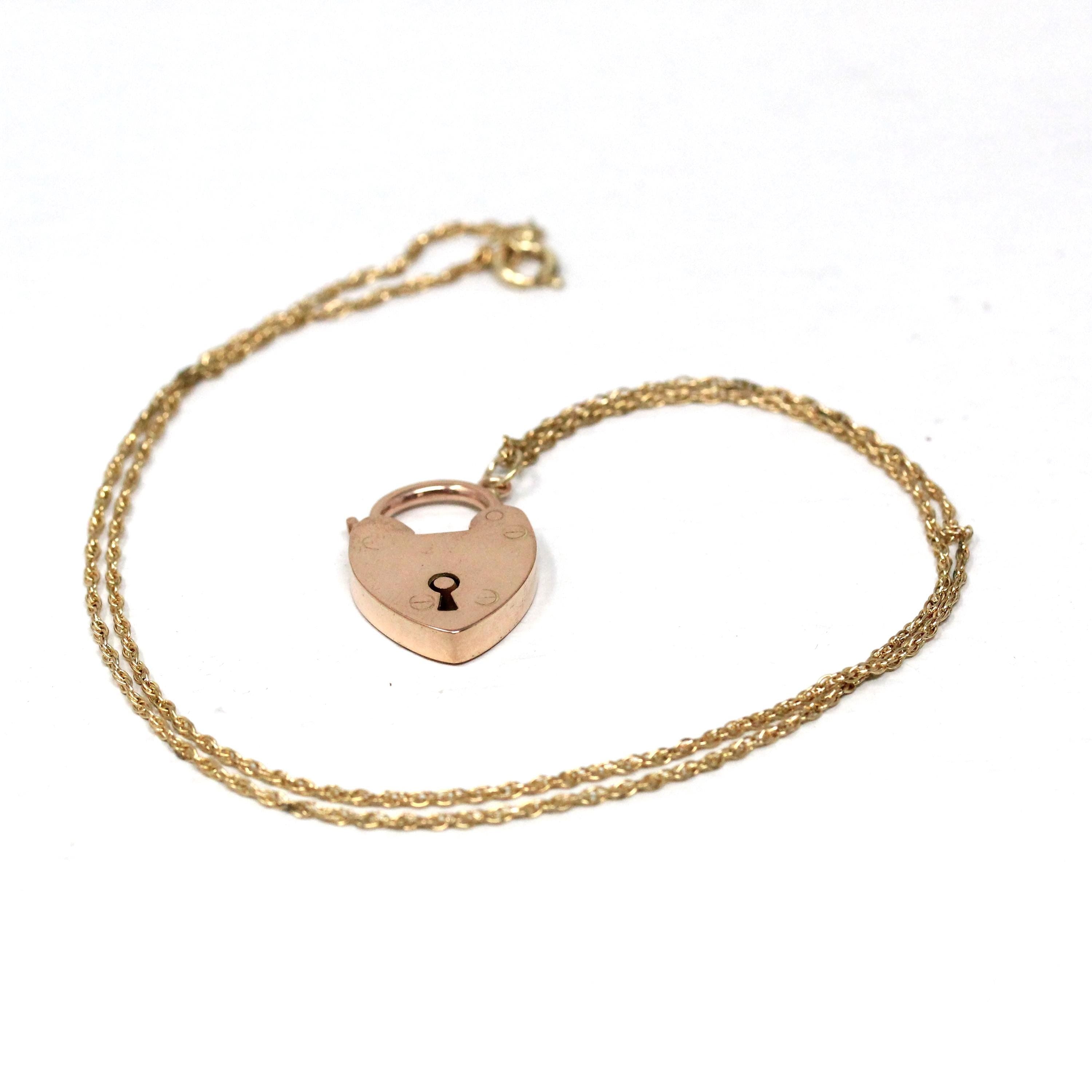 Antique Padlock Necklace - Edwardian 9ct Rose Gold Heart Shaped Lock Key Pendant Charm - Vintage Circa 1910s Era Statement Fine Jewelry