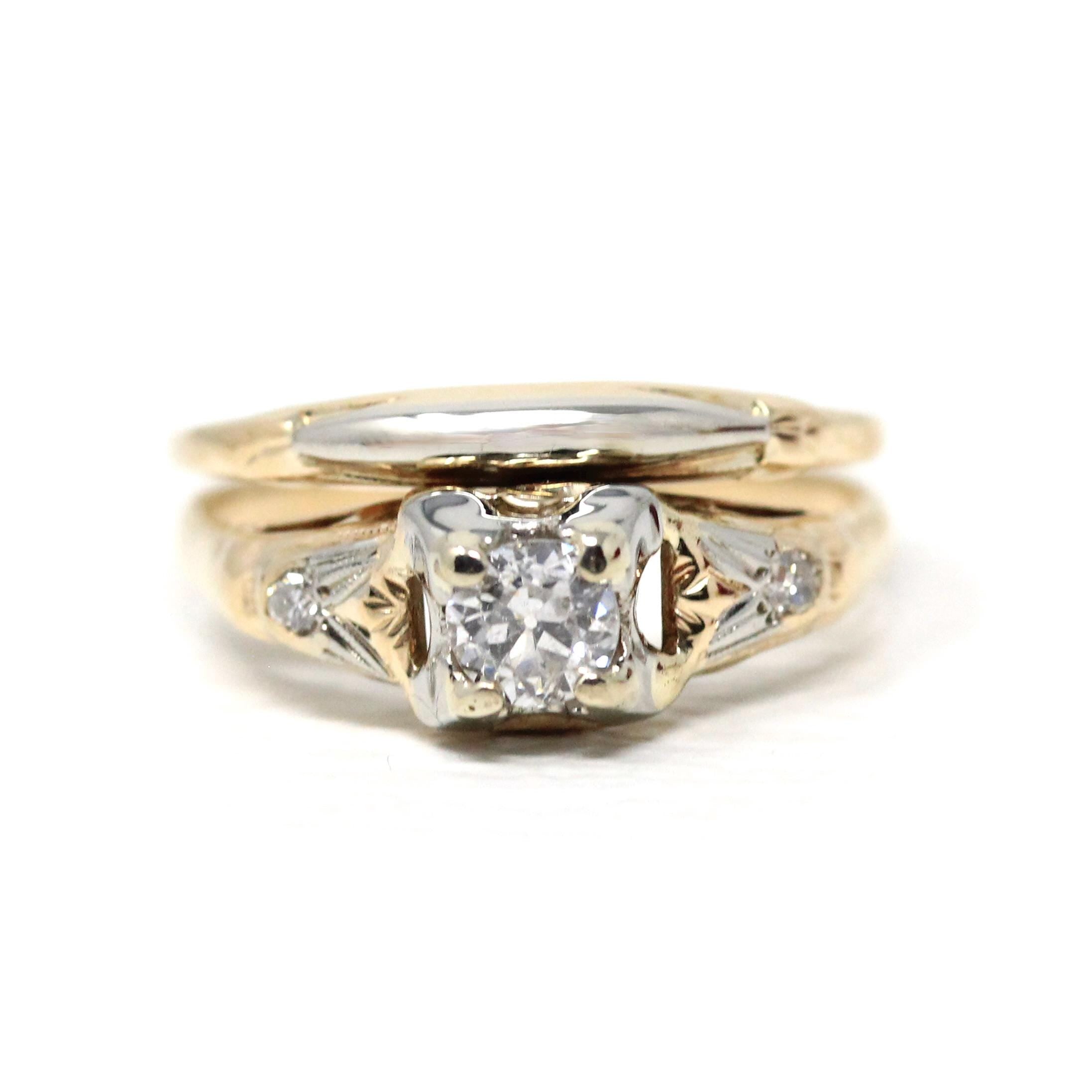 Vintage Wedding Ring Set - Retro 14k Yellow & White Gold Natural Diamonds Two Tone Illusion - Circa 1940s Size 6 1/4 Soldered Fine Jewelry