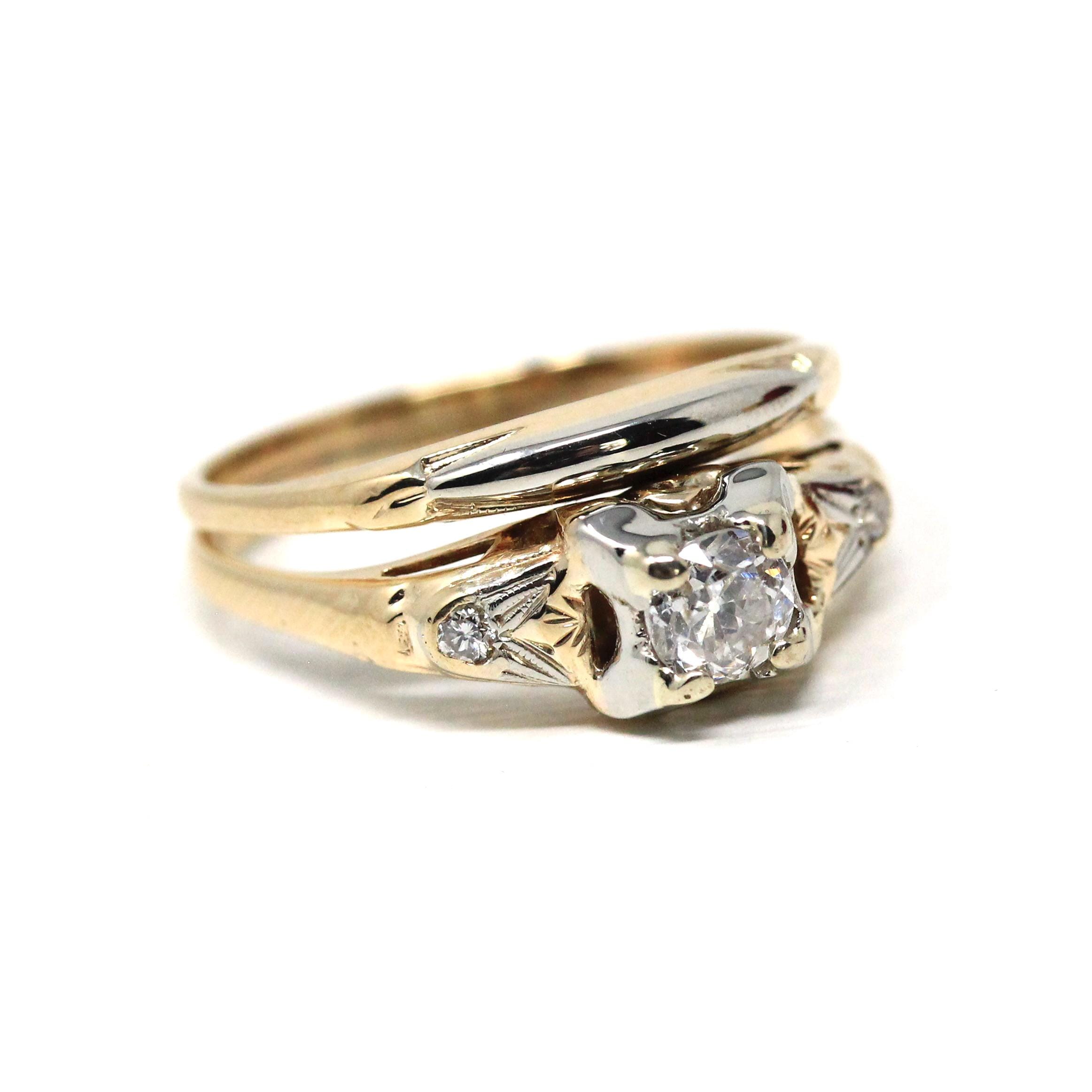 Vintage Wedding Ring Set - Retro 14k Yellow & White Gold Natural Diamonds Two Tone Illusion - Circa 1940s Size 6 1/4 Soldered Fine Jewelry