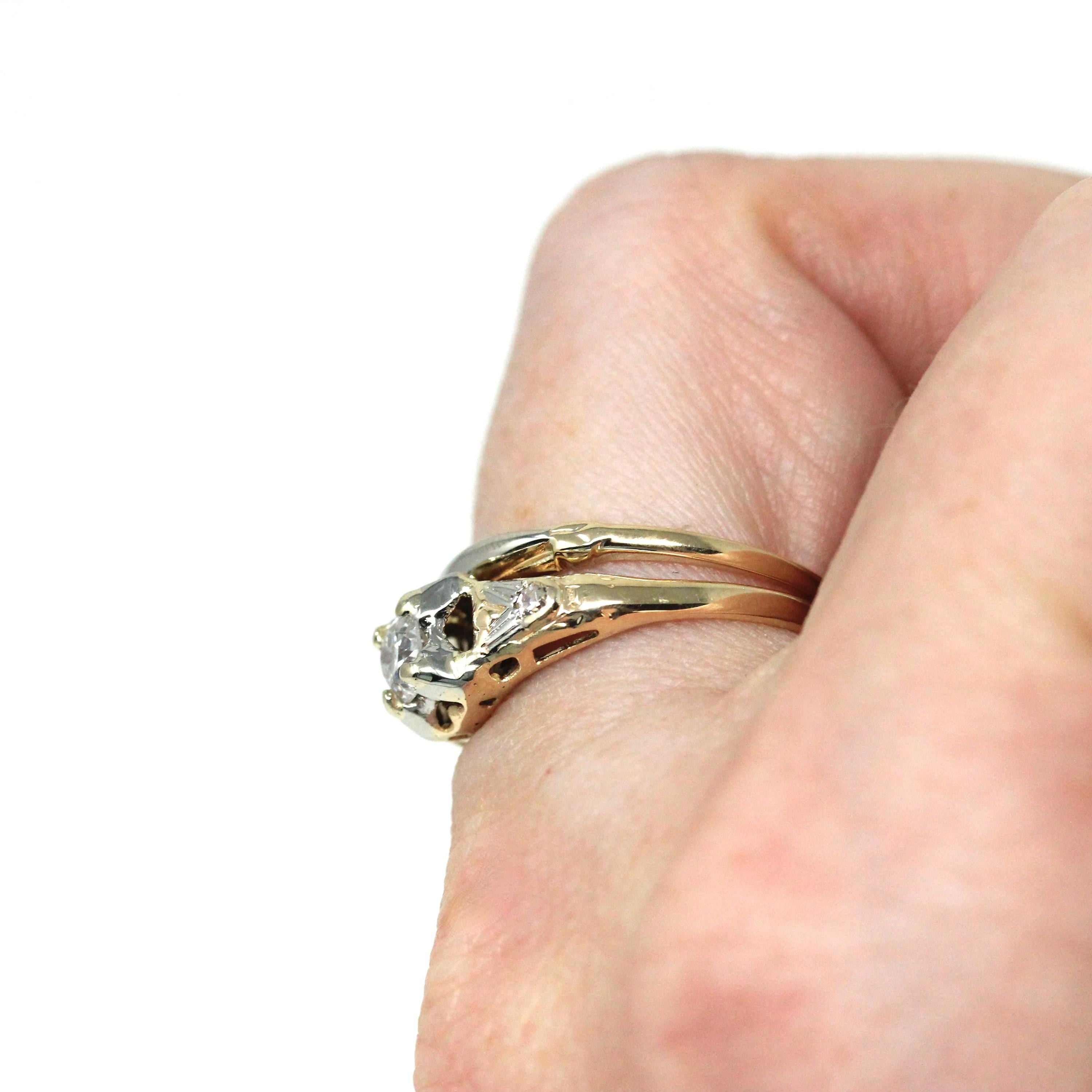 Vintage Wedding Ring Set - Retro 14k Yellow & White Gold Natural Diamonds Two Tone Illusion - Circa 1940s Size 6 1/4 Soldered Fine Jewelry