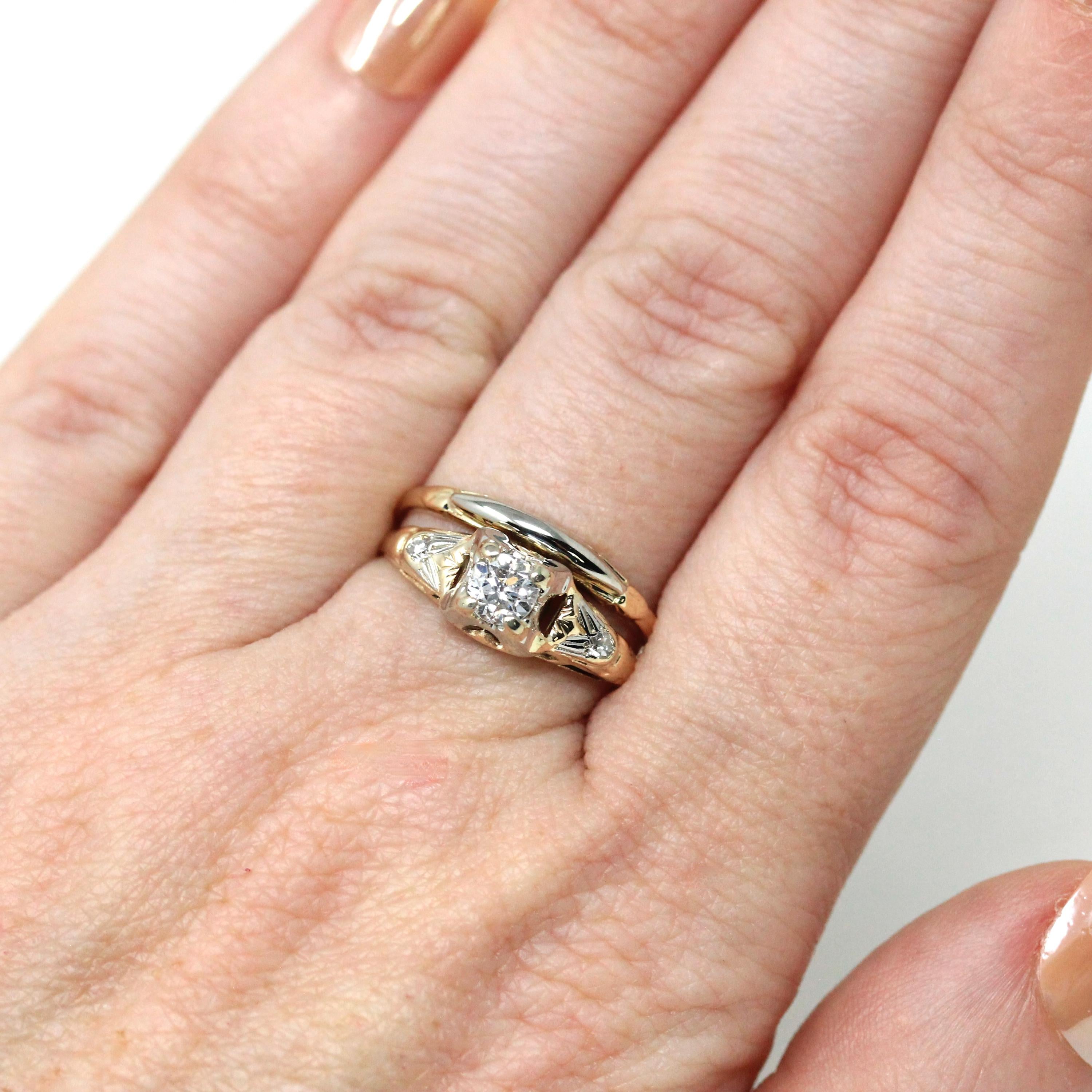 Vintage Wedding Ring Set - Retro 14k Yellow & White Gold Natural Diamonds Two Tone Illusion - Circa 1940s Size 6 1/4 Soldered Fine Jewelry