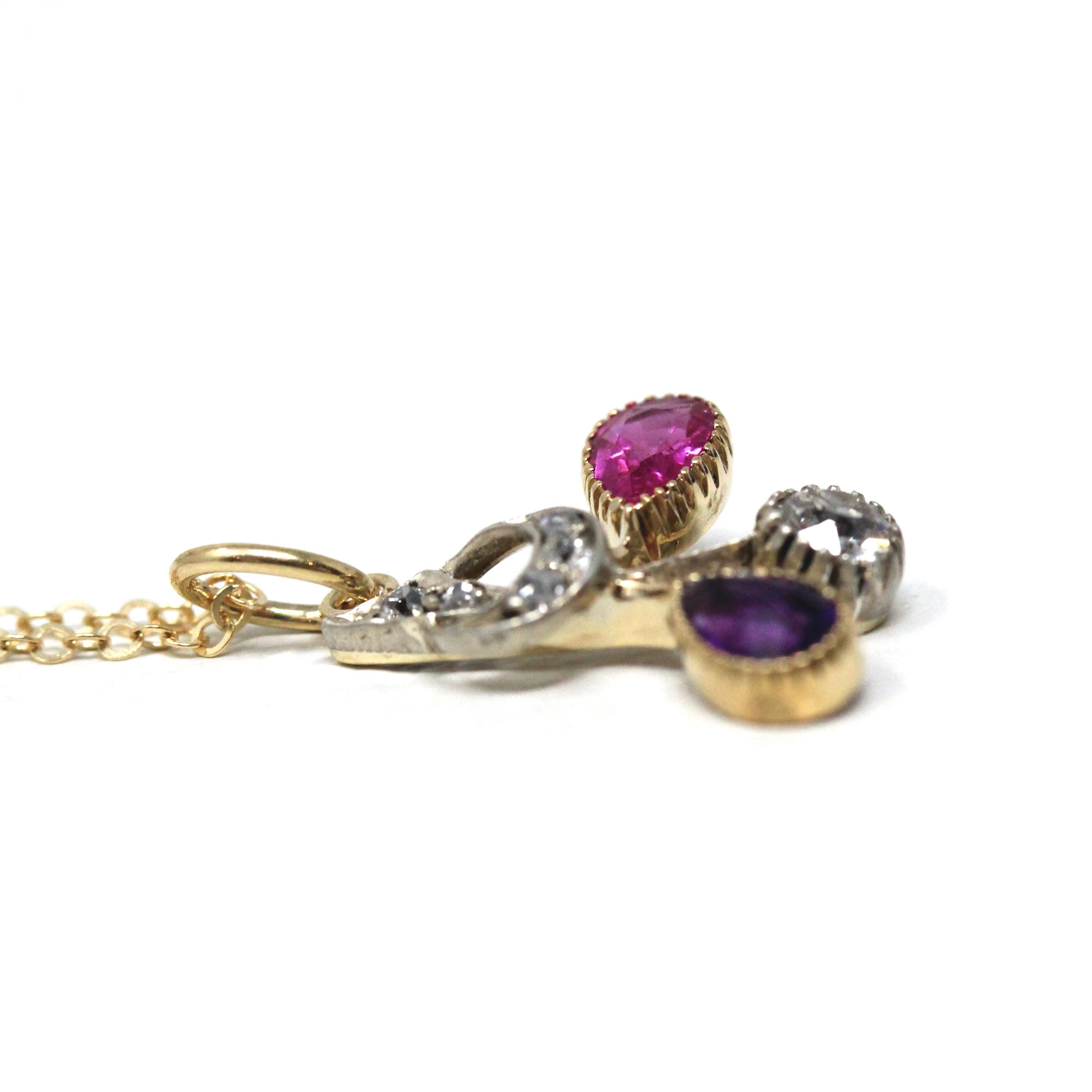 Multi Gemstone Charm - Victorian 18k Yellow Gold Pink Sapphire Amethyst & Diamond 0.22 CTW Necklace - Circa 1890s Era Fine Statement Jewelry