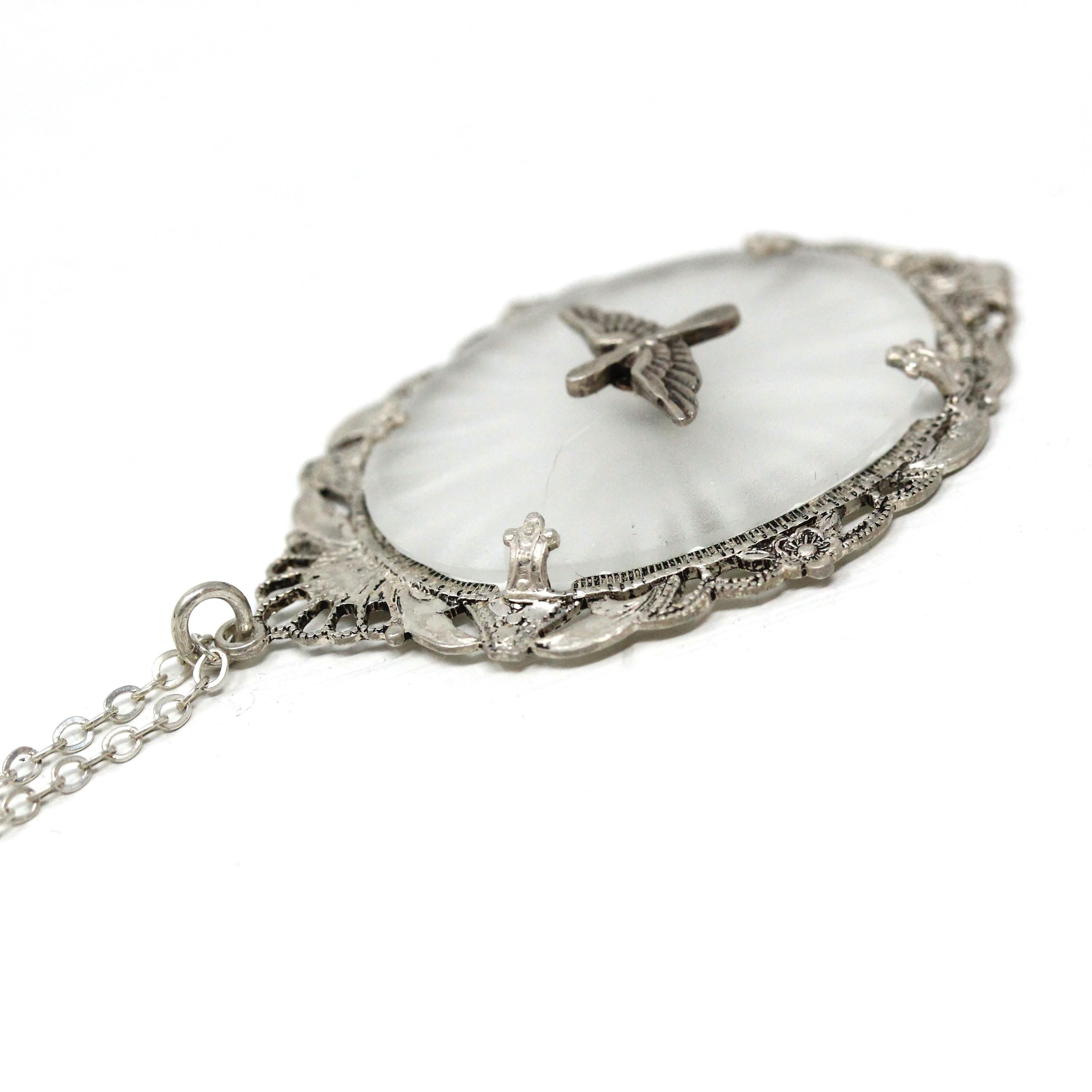 Vintage Aviation Pendant - Retro Sterling Silver Prop And Wings Filigree Flower Necklace - Circa 1940s Era Statement Camphor Glass Jewelry