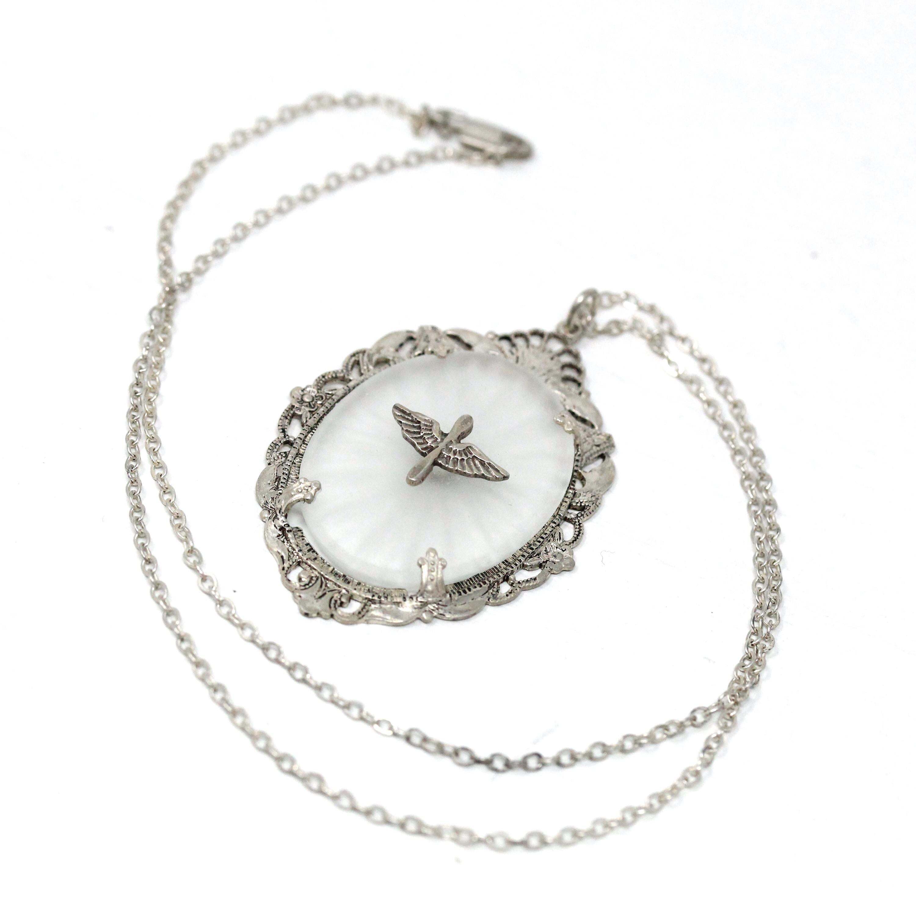 Vintage Aviation Pendant - Retro Sterling Silver Prop And Wings Filigree Flower Necklace - Circa 1940s Era Statement Camphor Glass Jewelry