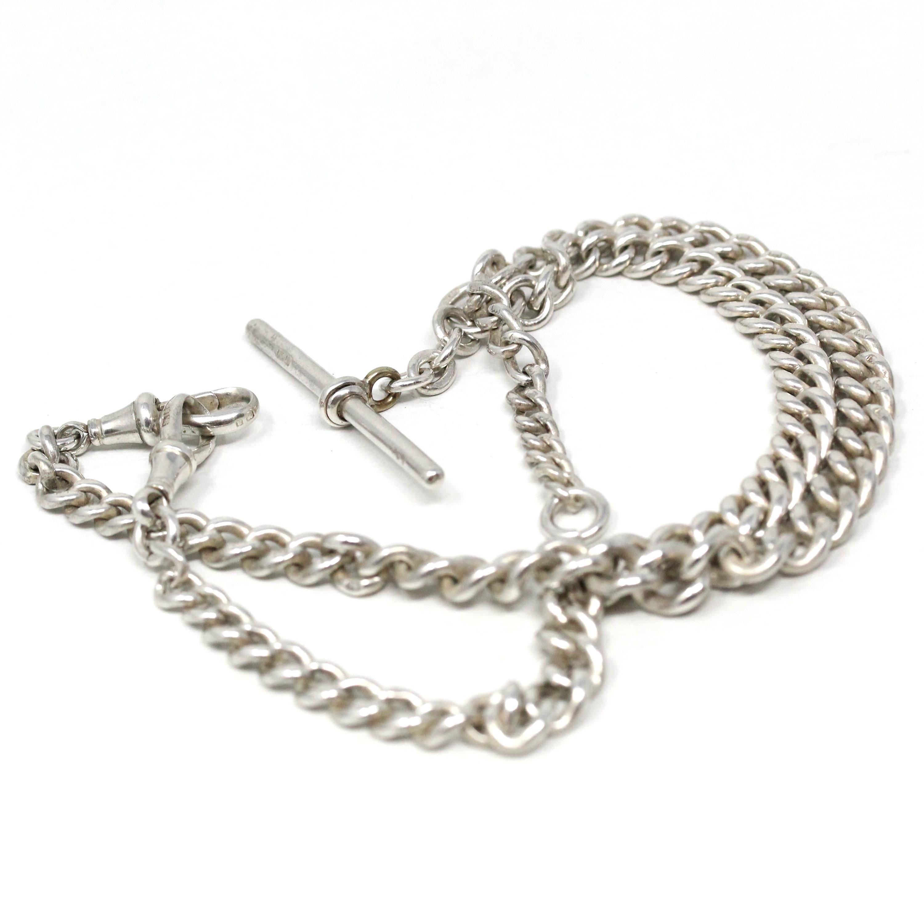 Pocket Watch Chain - Victorian Sterling Silver English Hallmark Curb Links Necklace - Antique Circa 1890s Era Fine Unisex Statement Jewelry