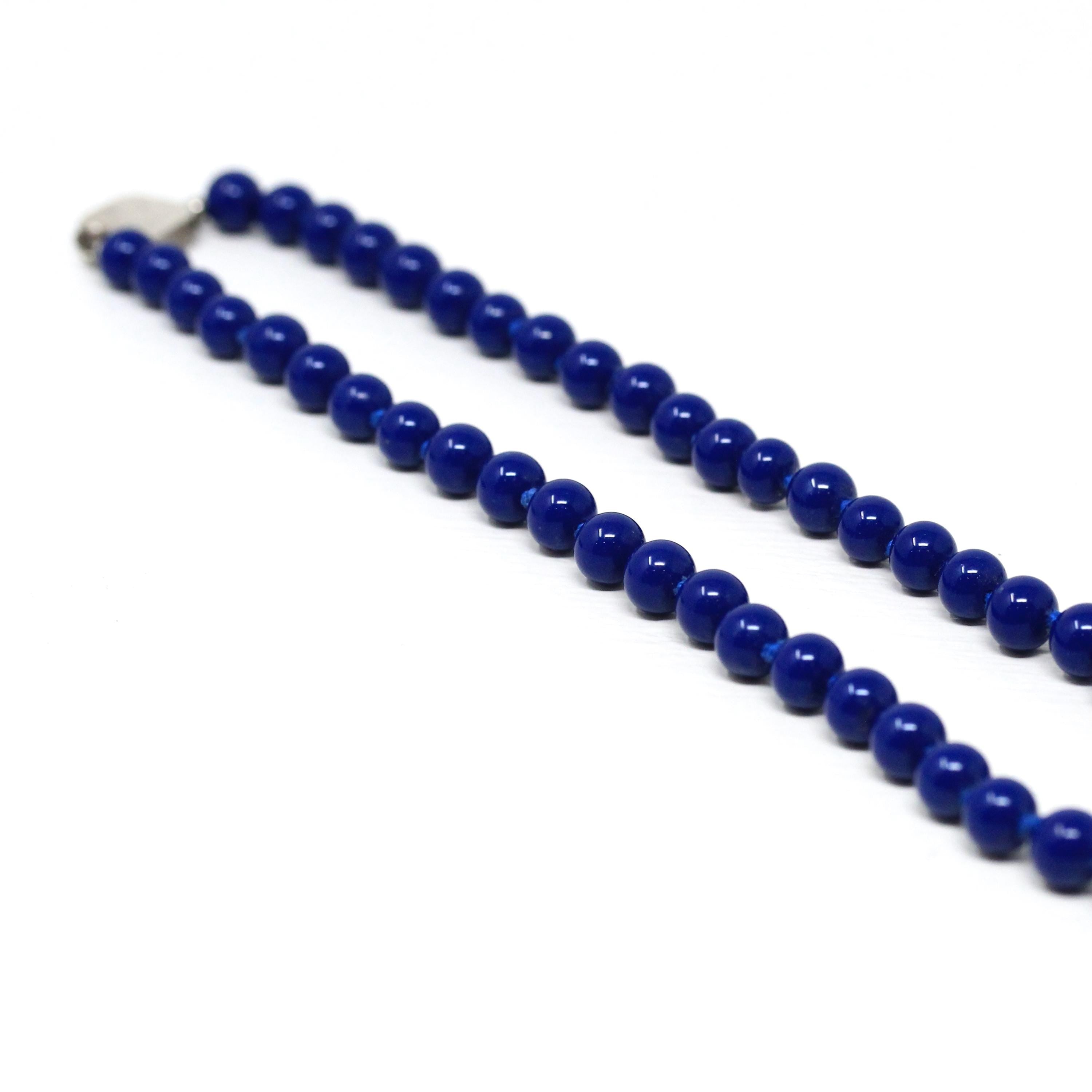 Vintage Beaded Necklace - Retro Sterling Silver Blue Round Glass Beads - Circa 1960s Era 17" Inch Statement Fashion Accessory 60s Jewelry