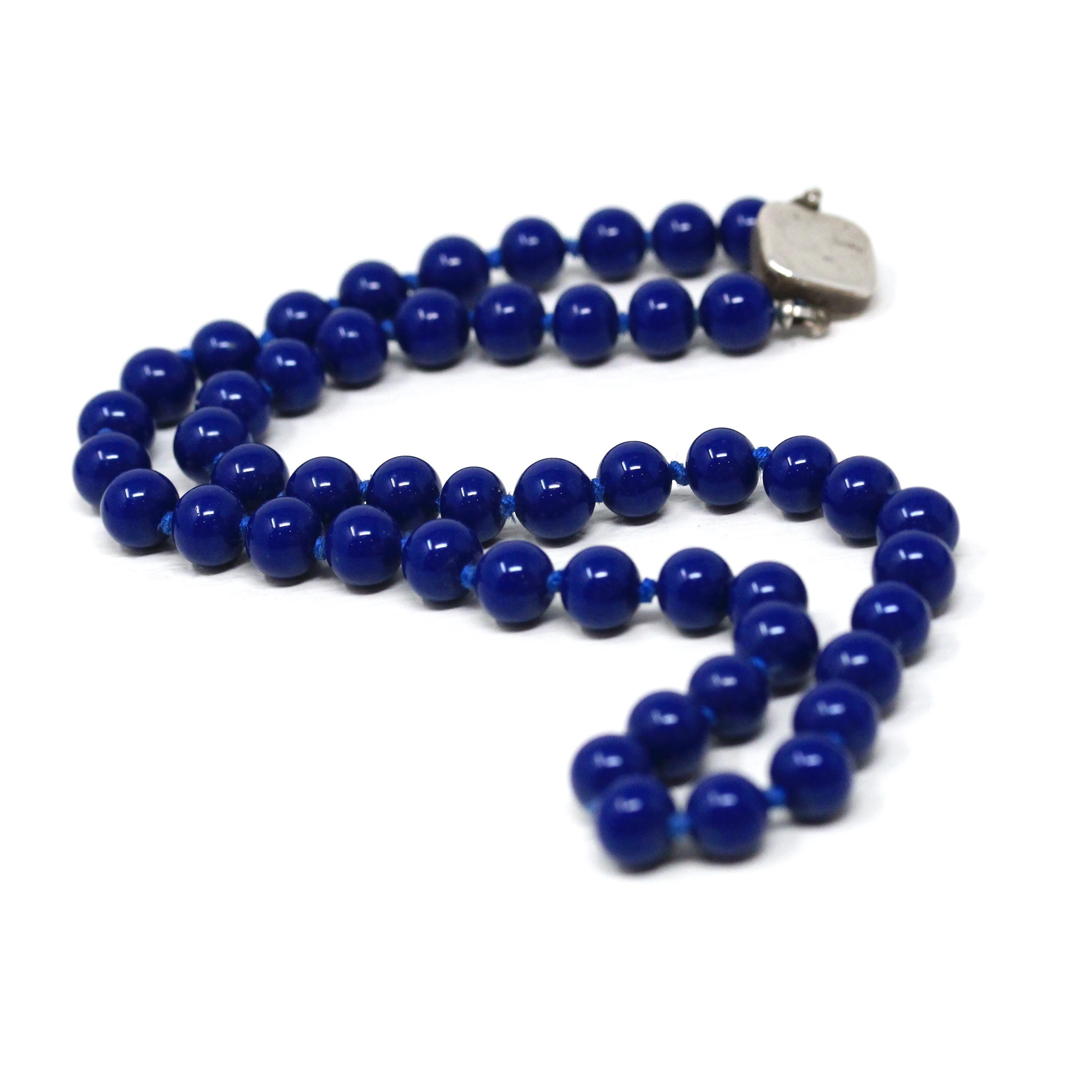 Vintage Beaded Necklace - Retro Sterling Silver Blue Round Glass Beads - Circa 1960s Era 17" Inch Statement Fashion Accessory 60s Jewelry