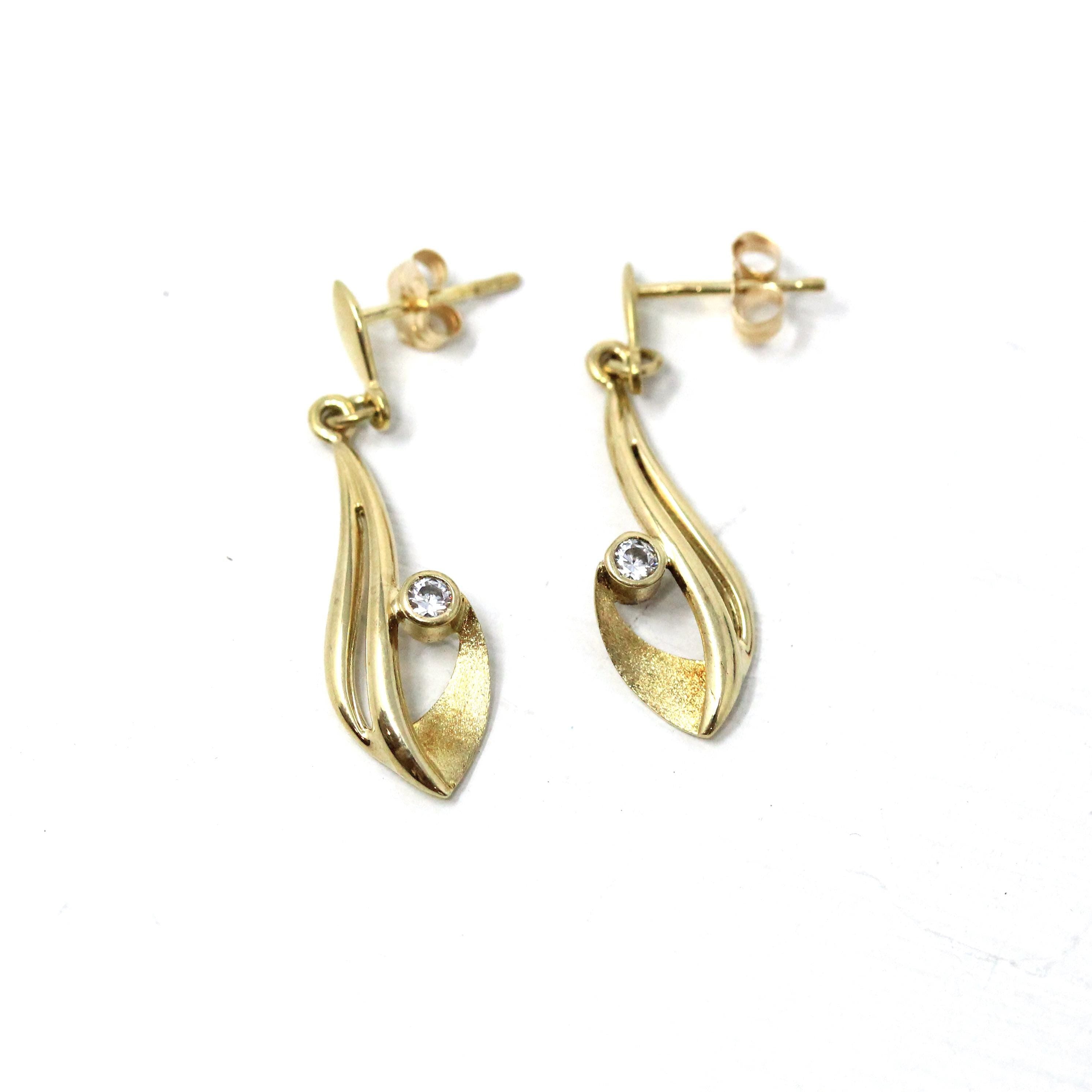 Cubic Zirconia Earrings - Modern 10k Yellow Gold Pierced Push Backs Dangle Drop Style - Estate Circa 2000's Era Fashion Accessory Jewelry