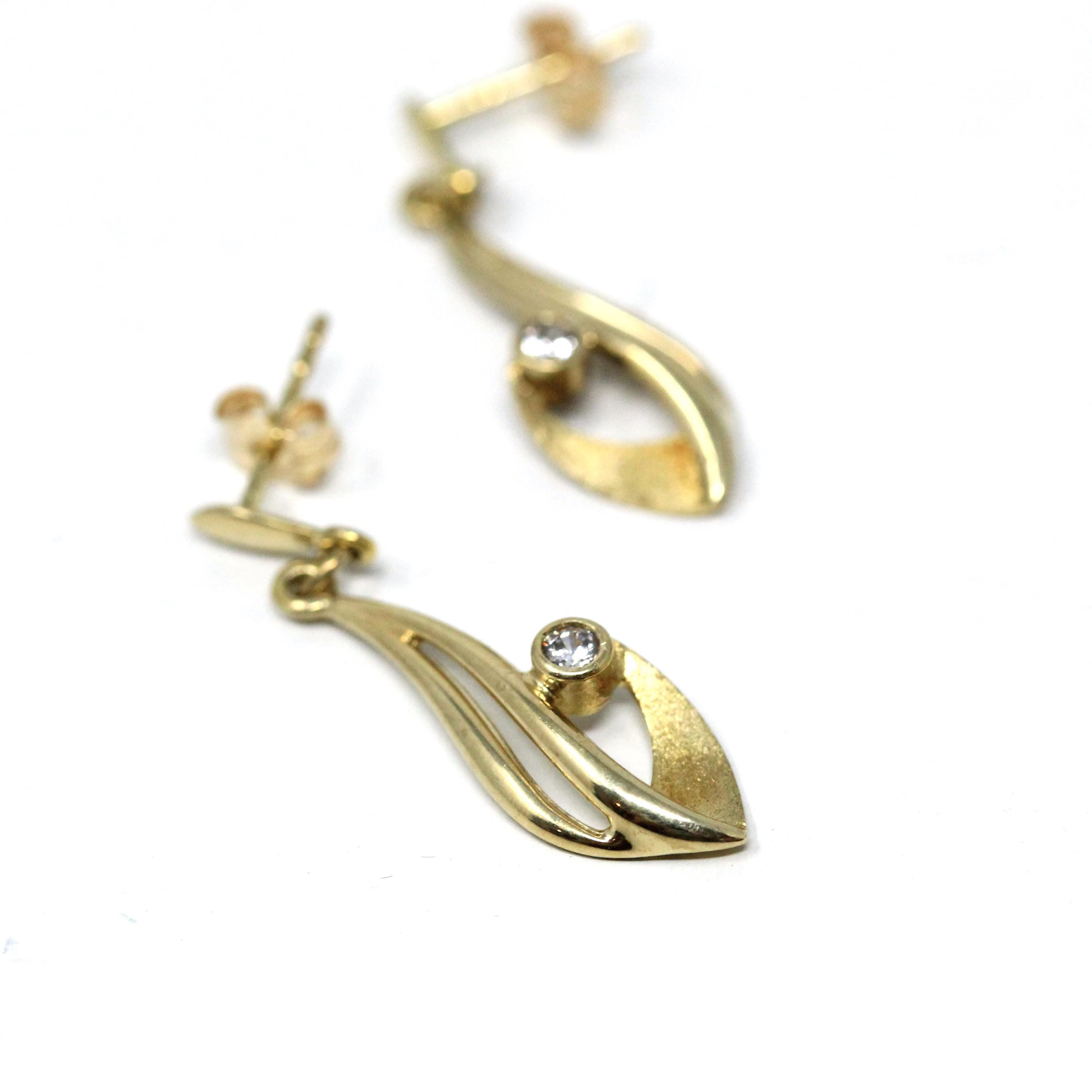 Cubic Zirconia Earrings - Modern 10k Yellow Gold Pierced Push Backs Dangle Drop Style - Estate Circa 2000's Era Fashion Accessory Jewelry