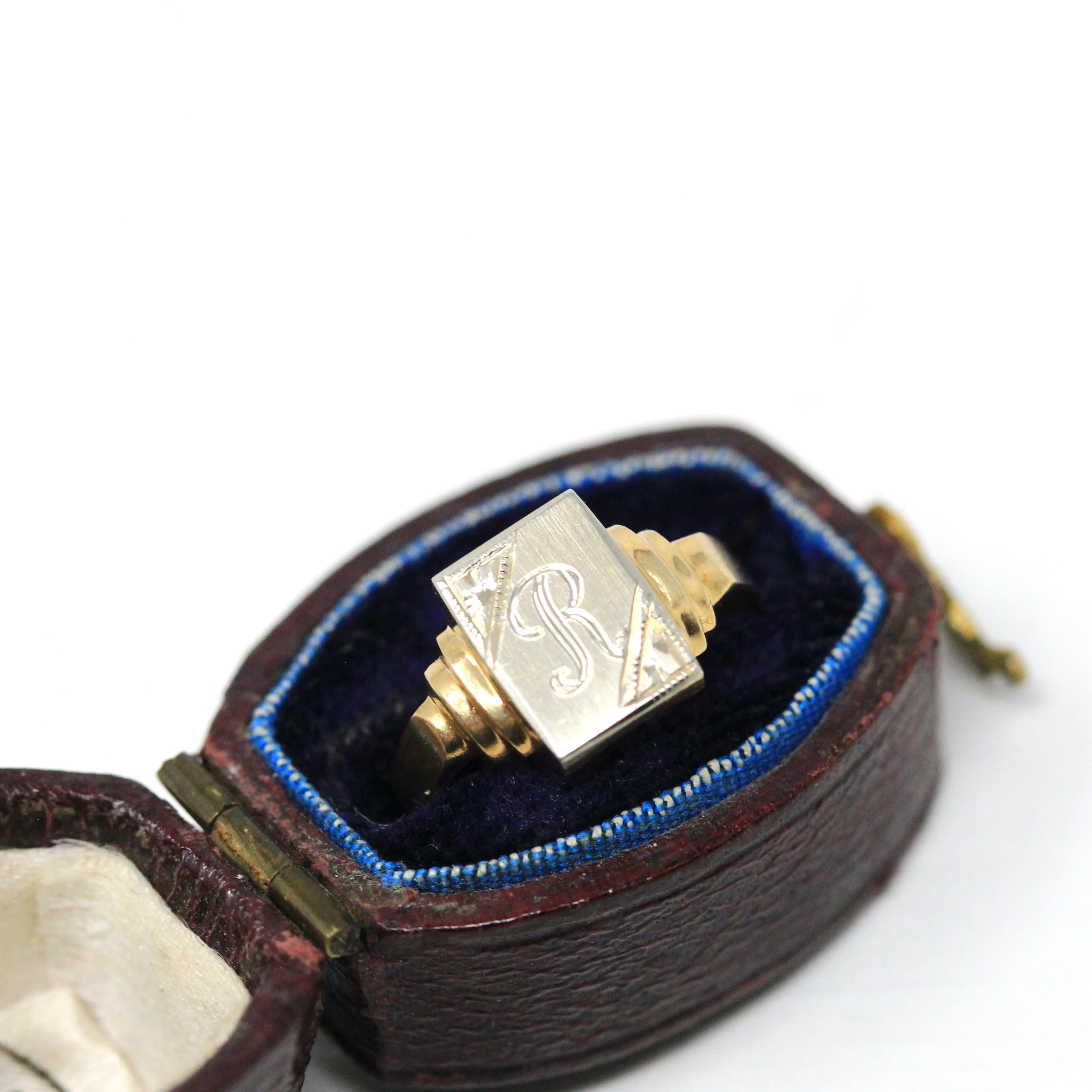 Letter "R" Ring - Retro 14k Yellow White Two Tone Gold Engraved Initial Signet - Vintage Circa 1940s Era Size 2 1/2 Pinky Midi Fine Jewelry