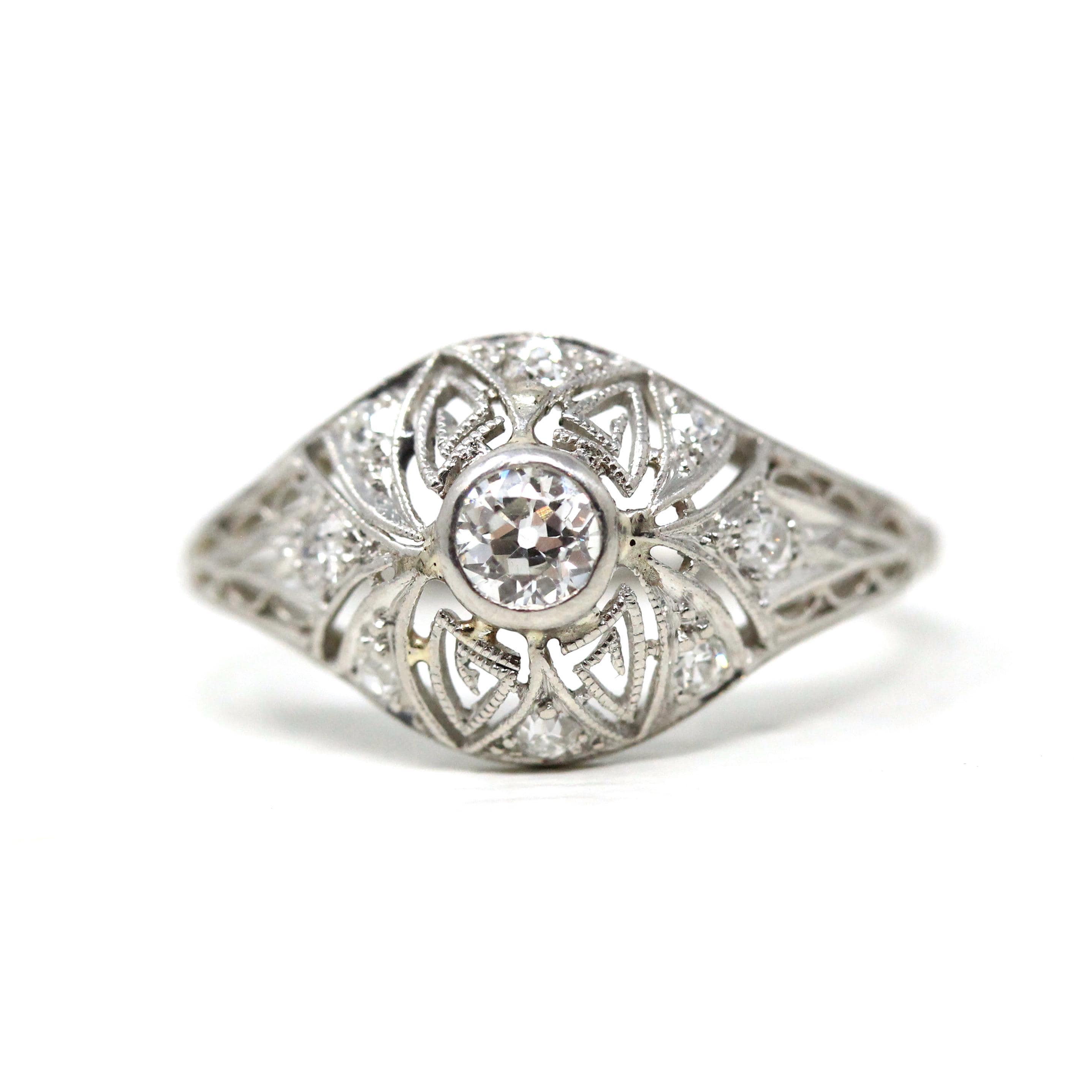 Antique Diamond Ring - Art Deco Platinum Natural Diamonds Filigree Bridal Statement - Circa 1920s Era Size 5 1/4 Fine Engagement 20s Jewelry