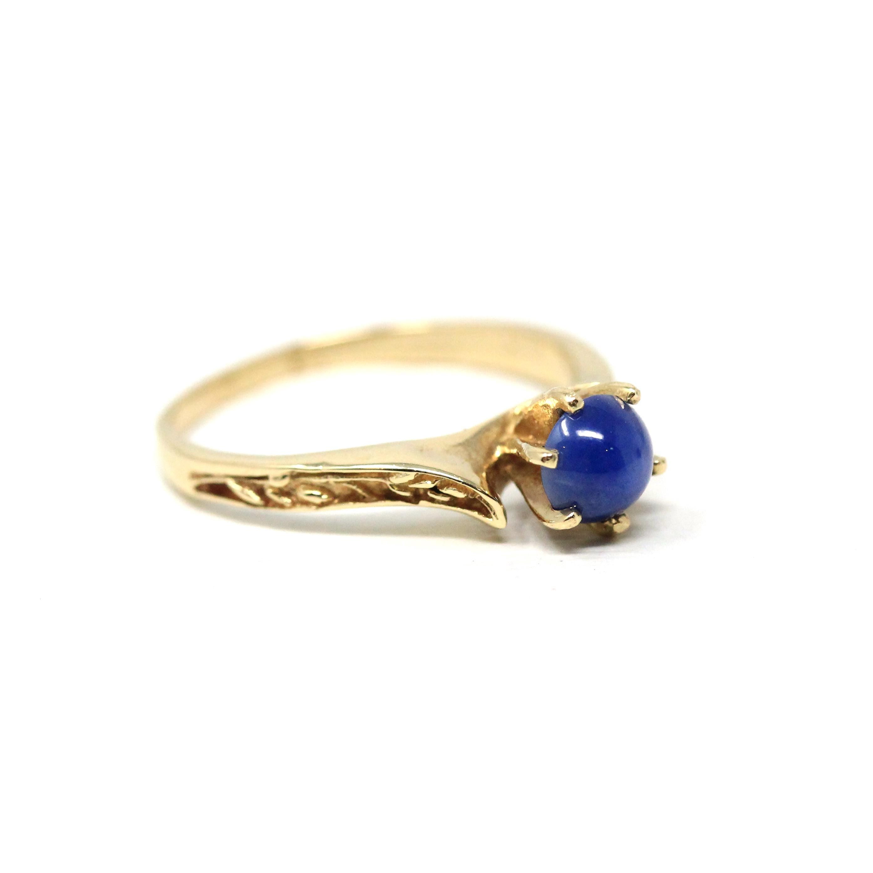 Created Star Sapphire Ring - Retro 10k Yellow Gold Cabochon .47 CT Gemstone - Vintage Circa 1970s Size 6 September Birthstone Fine Jewelry