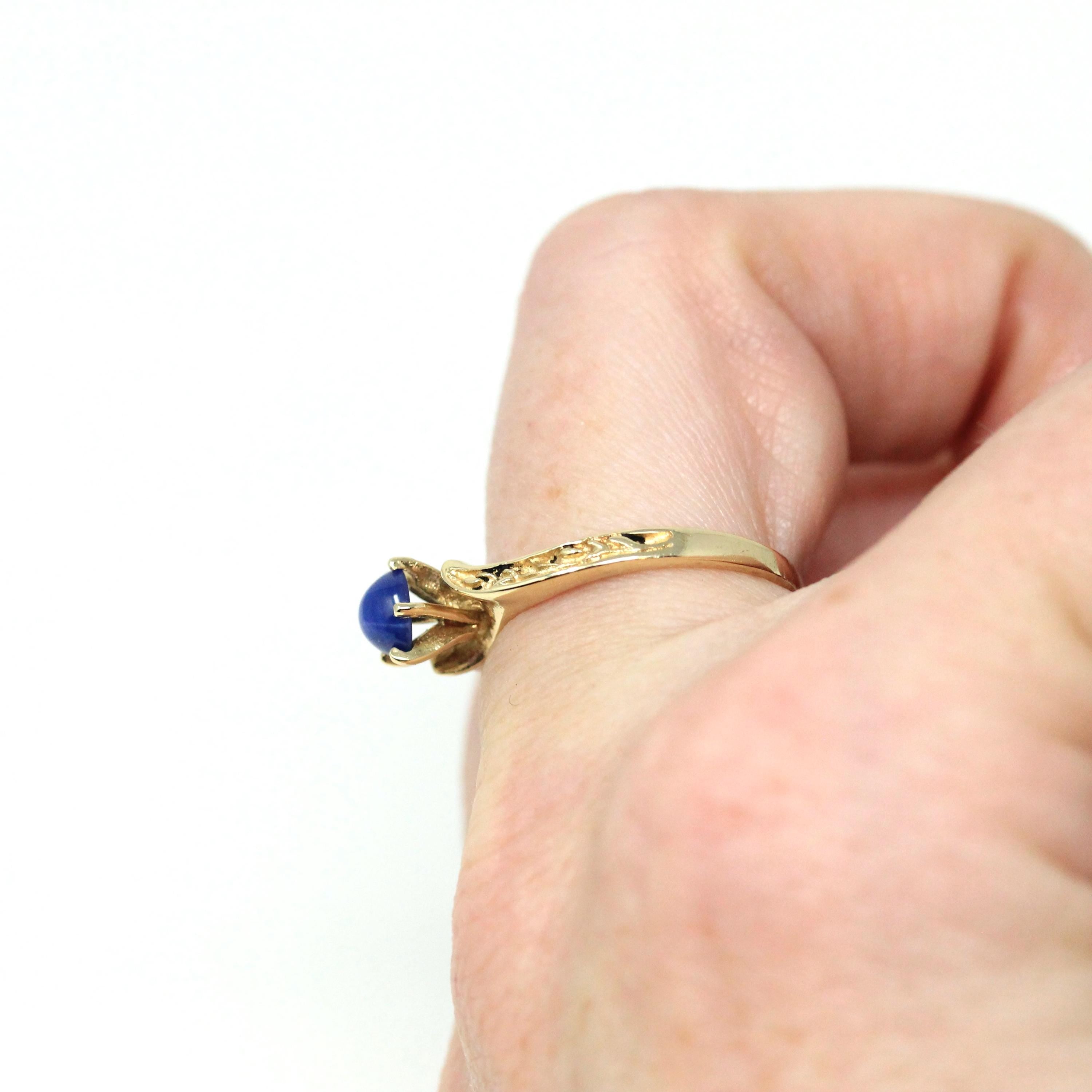 Created Star Sapphire Ring - Retro 10k Yellow Gold Cabochon .47 CT Gemstone - Vintage Circa 1970s Size 6 September Birthstone Fine Jewelry