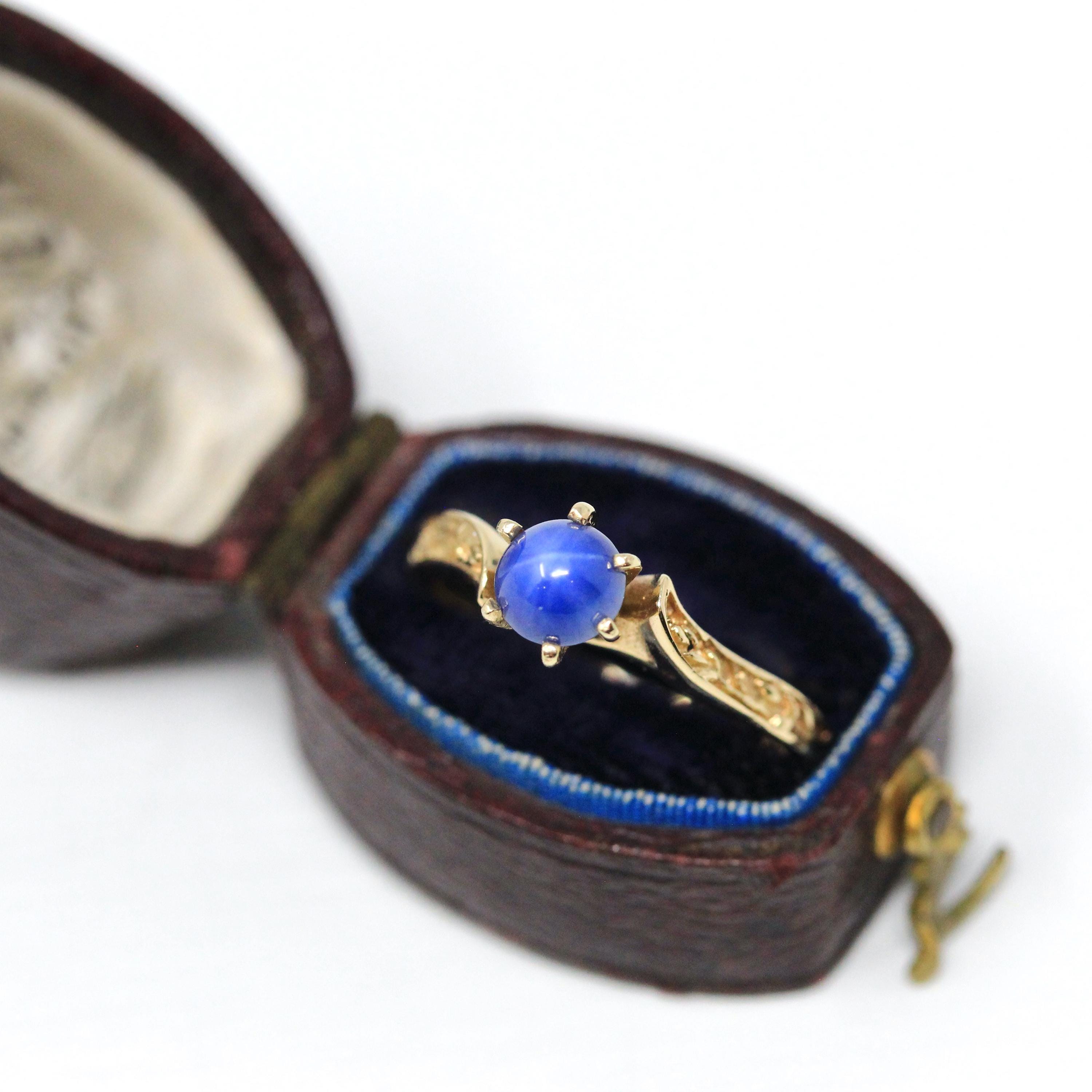 Created Star Sapphire Ring - Retro 10k Yellow Gold Cabochon .47 CT Gemstone - Vintage Circa 1970s Size 6 September Birthstone Fine Jewelry