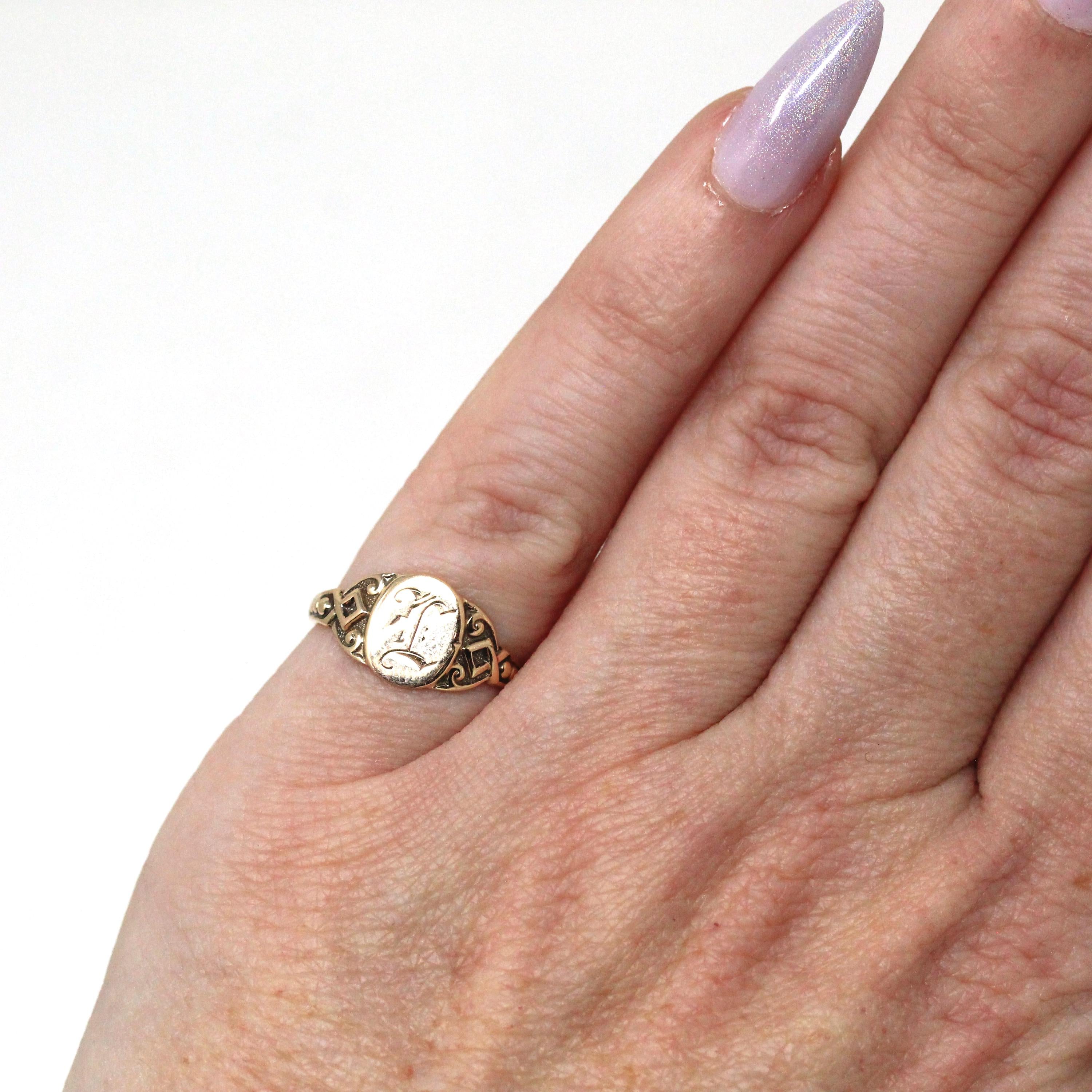 Antique "L" Signet Ring - Edwardian 10k Yellow Gold Engraved Single Letter Initial Pinky Midi - Vintage Circa 1910s Children's Fine Jewelry