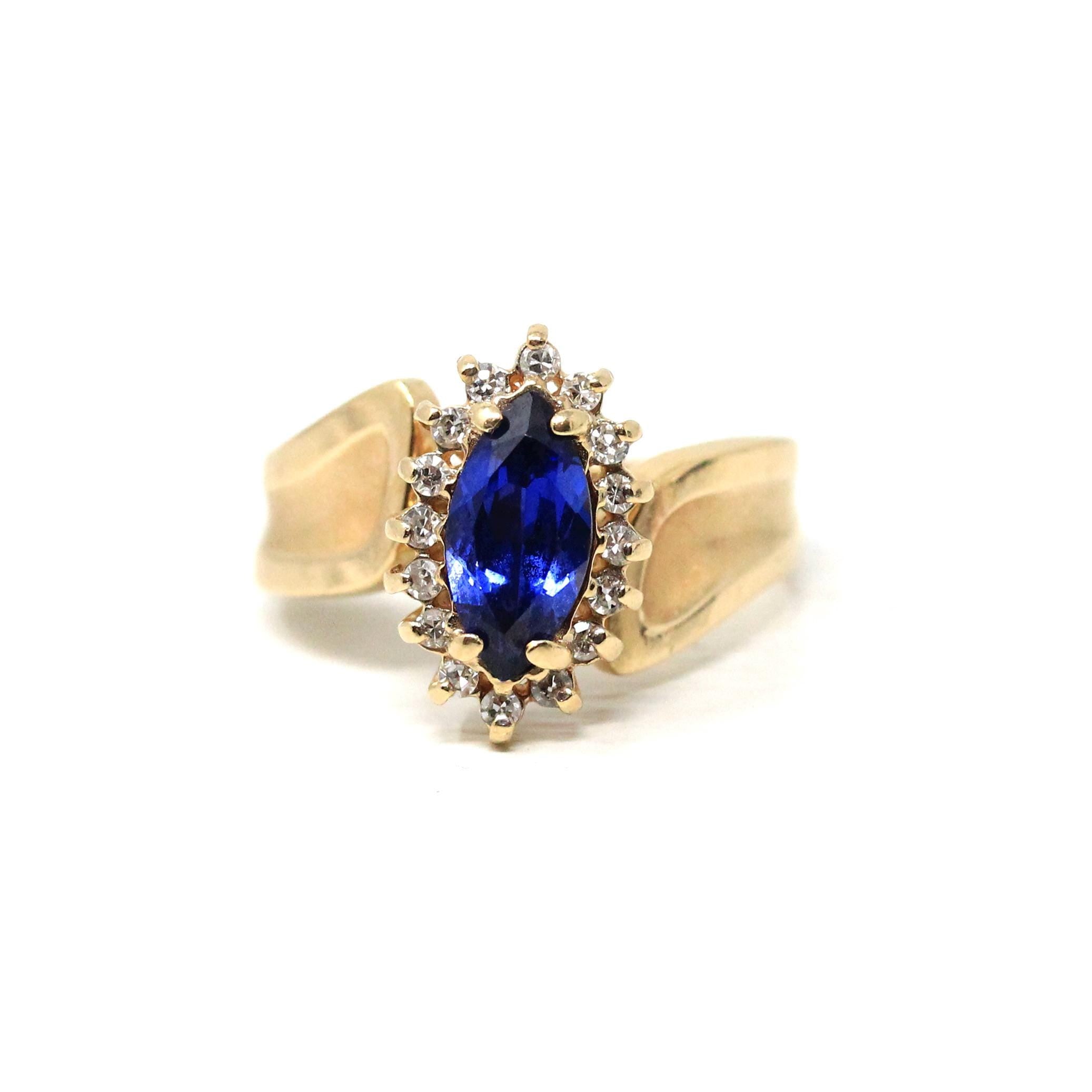 Marquise Halo Ring - Modern 14k Yellow Gold Created Sapphire Natural Diamond Gemstones - Estate Circa 1990s Size 6 Engagement Fine Jewelry