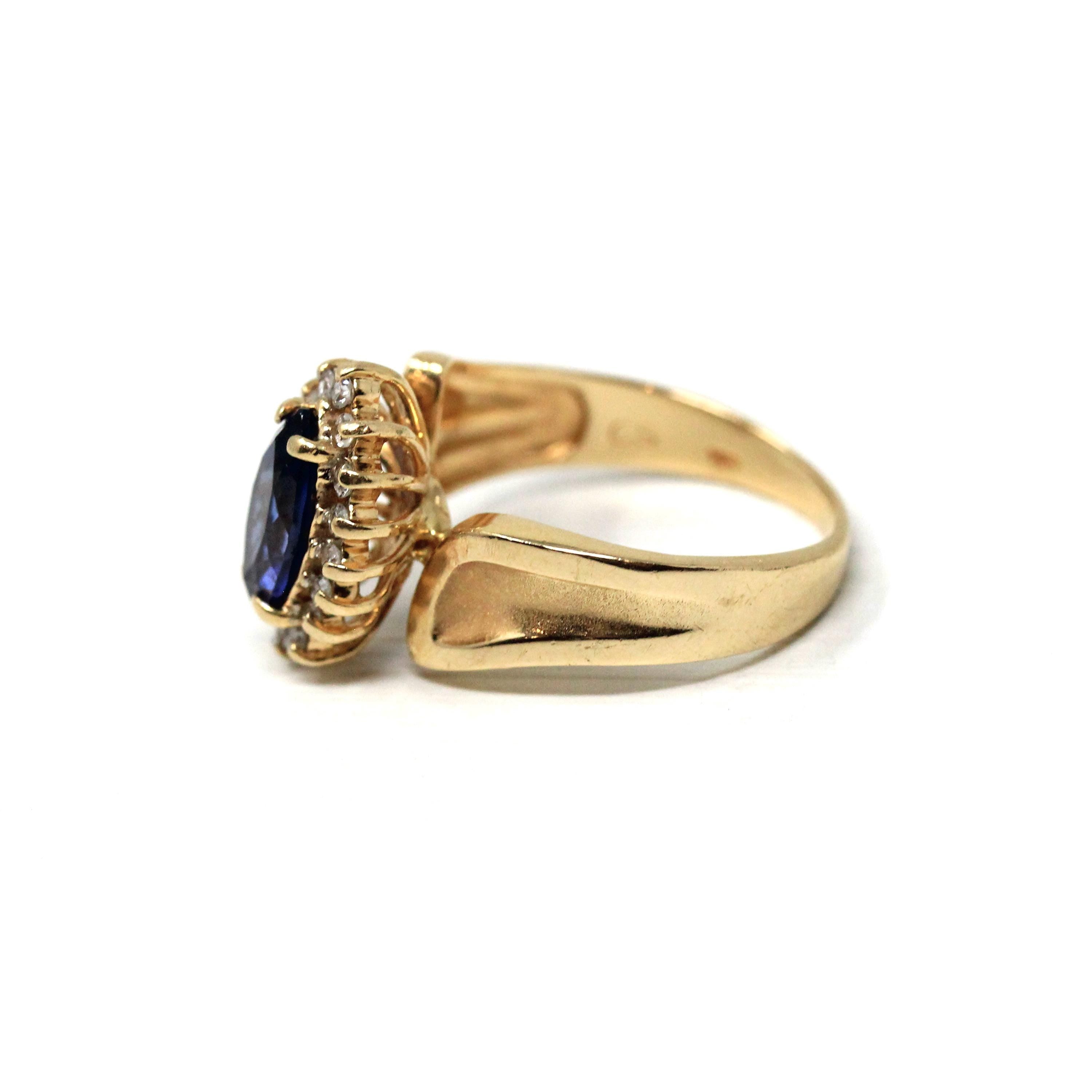 Marquise Halo Ring - Modern 14k Yellow Gold Created Sapphire Natural Diamond Gemstones - Estate Circa 1990s Size 6 Engagement Fine Jewelry