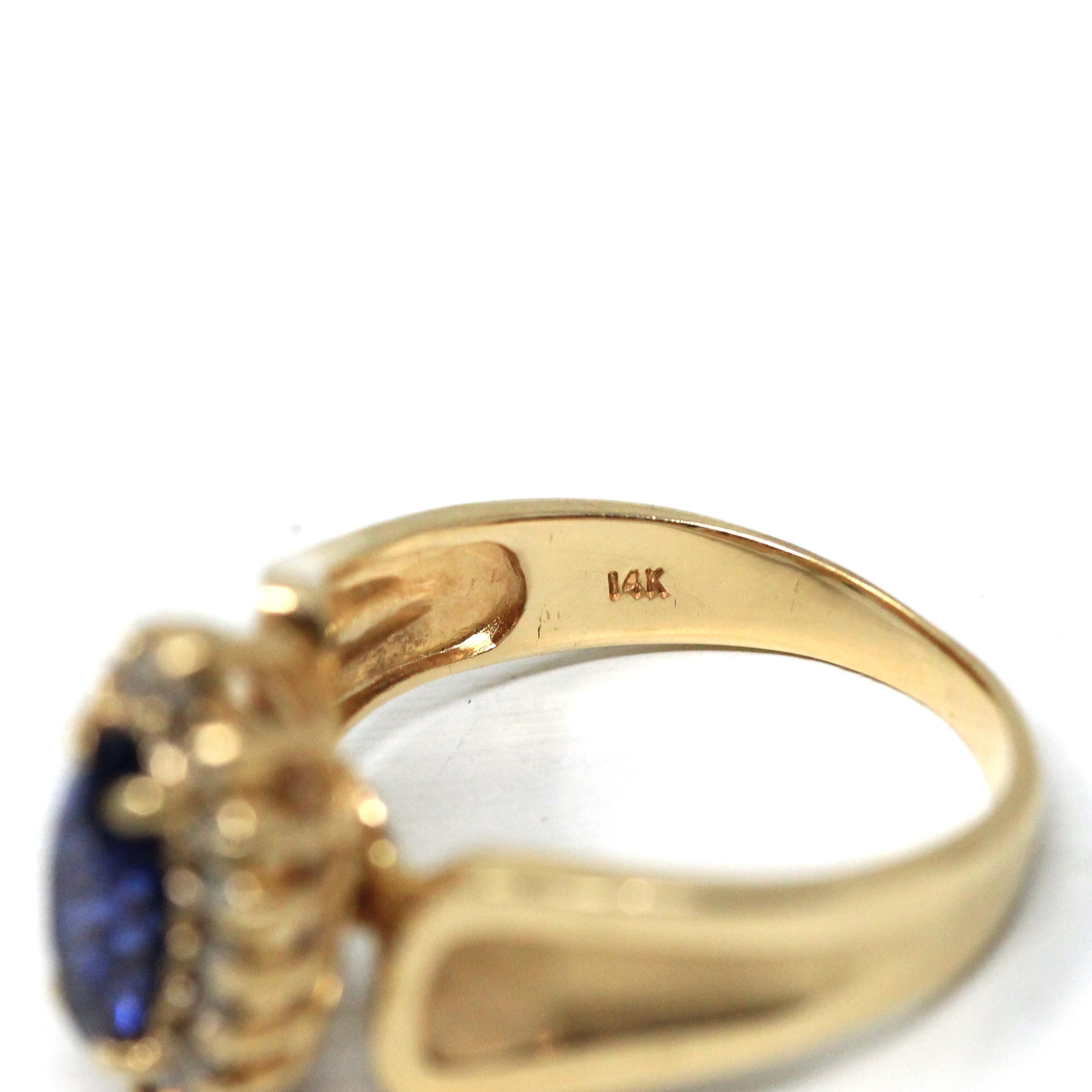 Marquise Halo Ring - Modern 14k Yellow Gold Created Sapphire Natural Diamond Gemstones - Estate Circa 1990s Size 6 Engagement Fine Jewelry