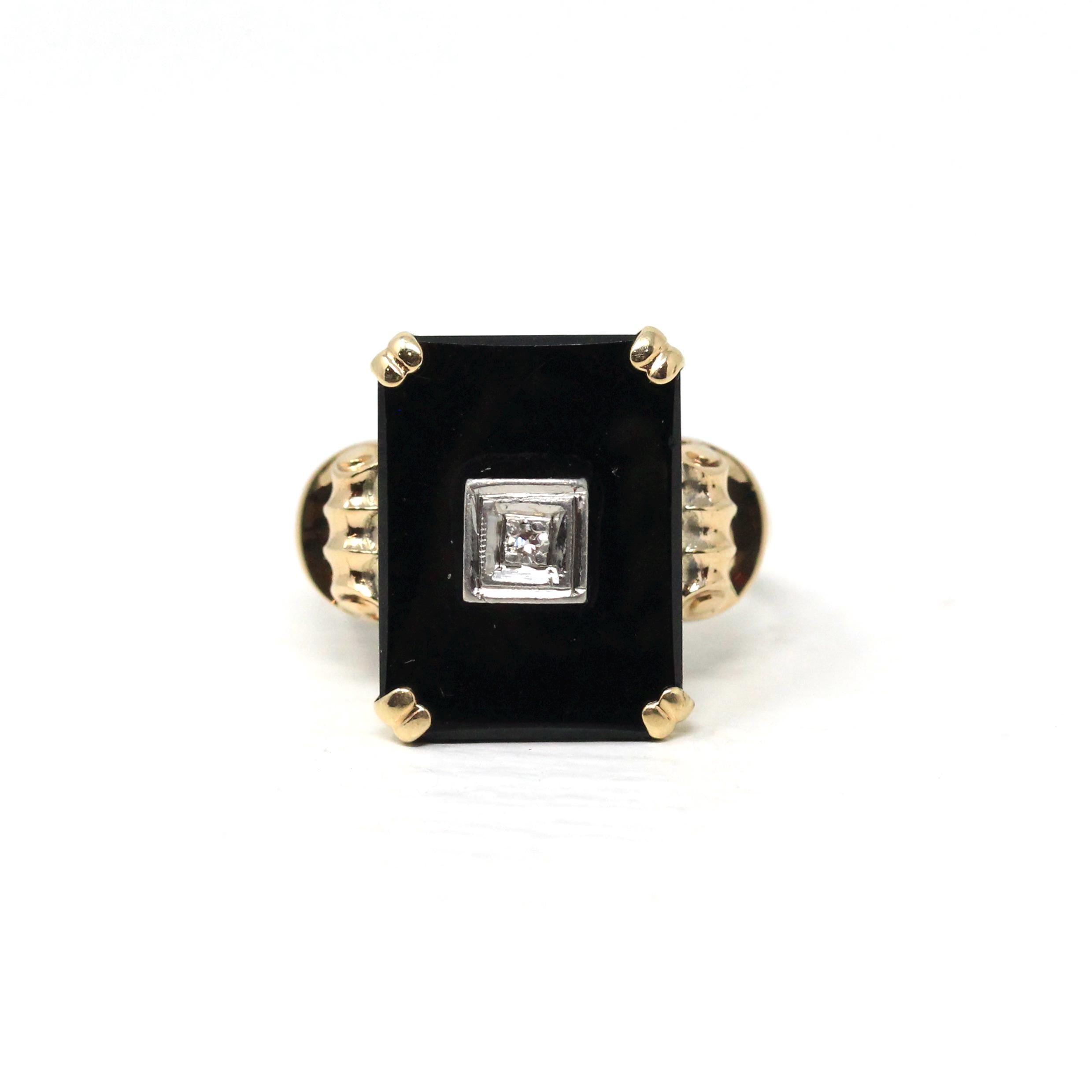Vintage Onyx Ring - Retro 10k Yellow Gold Rectangular Cut Natural Black Chalcedony Gem - Circa 1940s Size 6 Statement Fine Diamond Jewelry