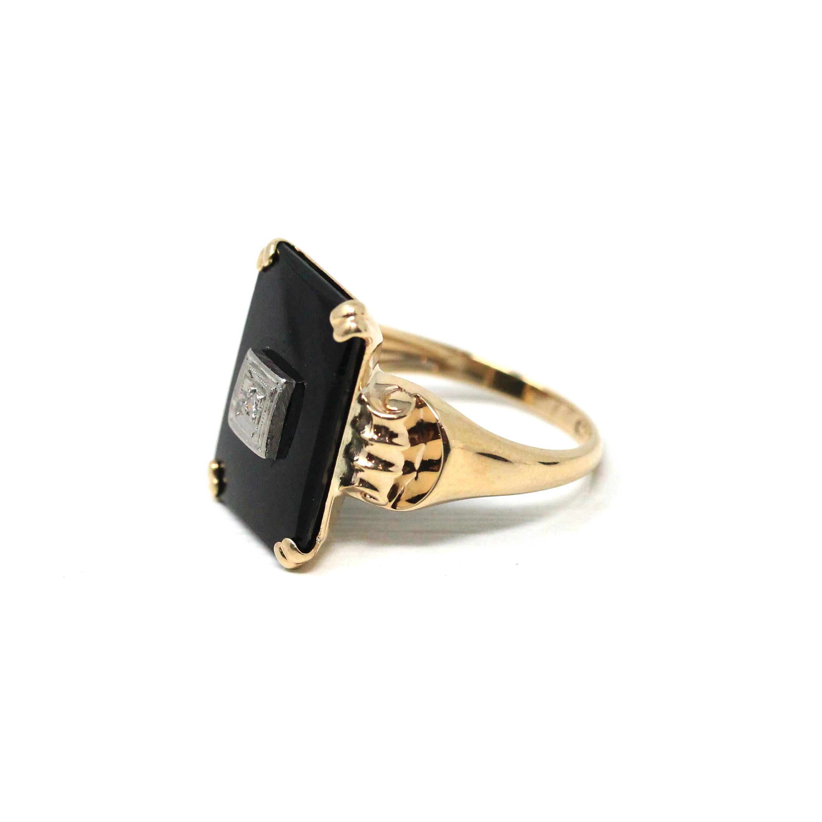 Vintage Onyx Ring - Retro 10k Yellow Gold Rectangular Cut Natural Black Chalcedony Gem - Circa 1940s Size 6 Statement Fine Diamond Jewelry