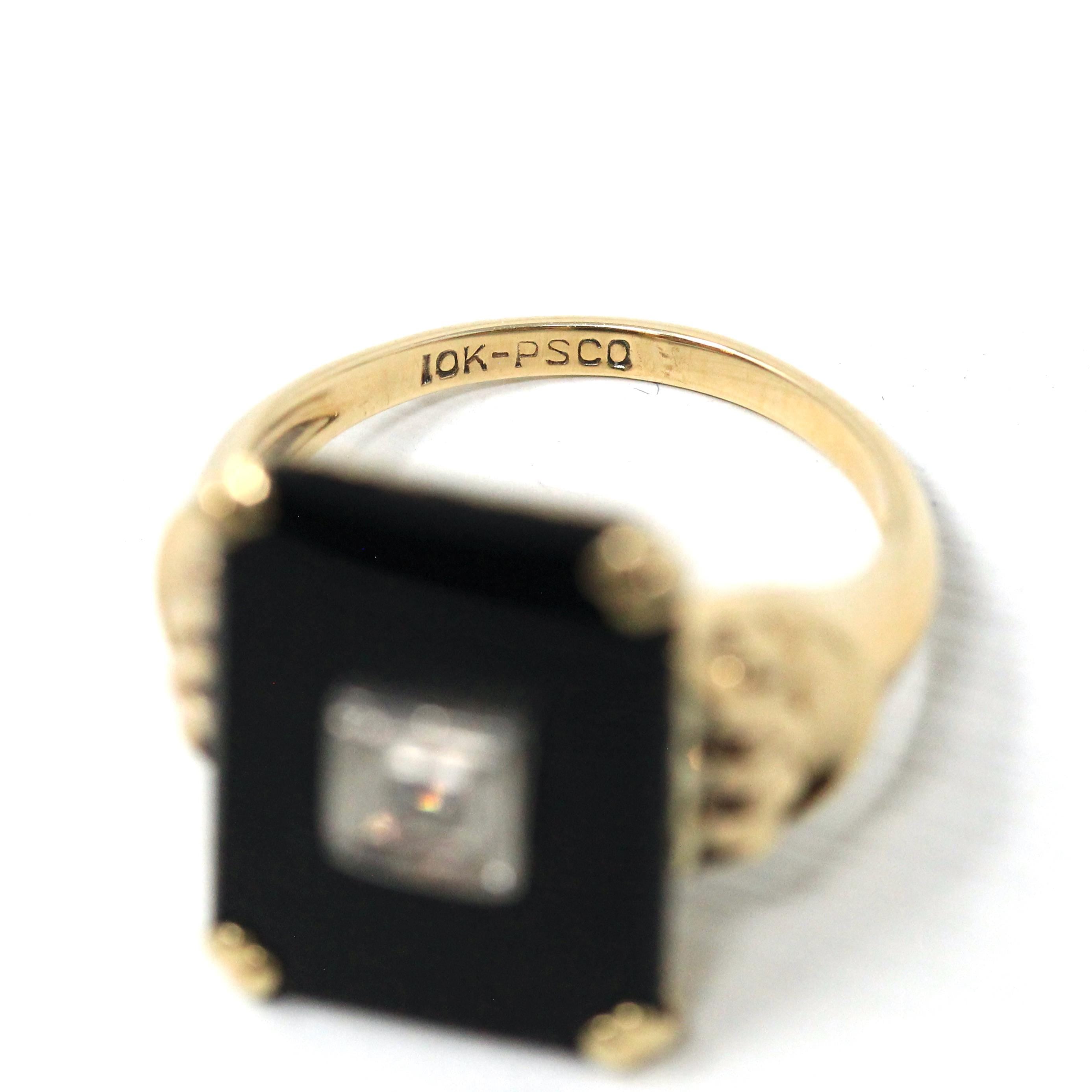 Vintage Onyx Ring - Retro 10k Yellow Gold Rectangular Cut Natural Black Chalcedony Gem - Circa 1940s Size 6 Statement Fine Diamond Jewelry