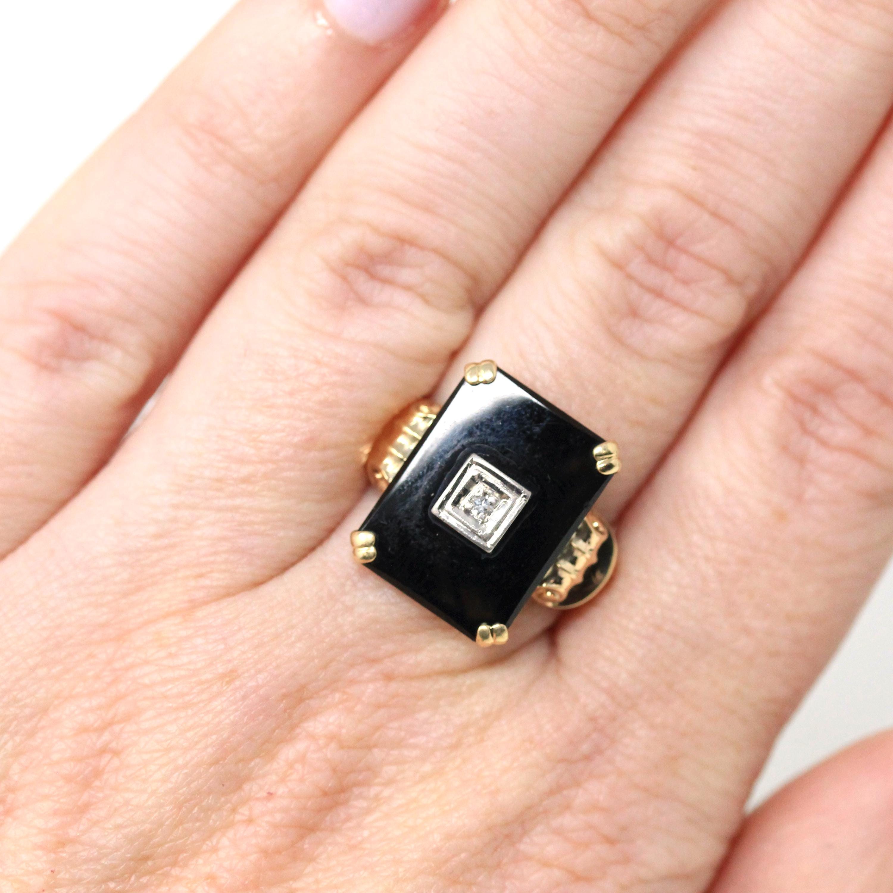 Vintage Onyx Ring - Retro 10k Yellow Gold Rectangular Cut Natural Black Chalcedony Gem - Circa 1940s Size 6 Statement Fine Diamond Jewelry