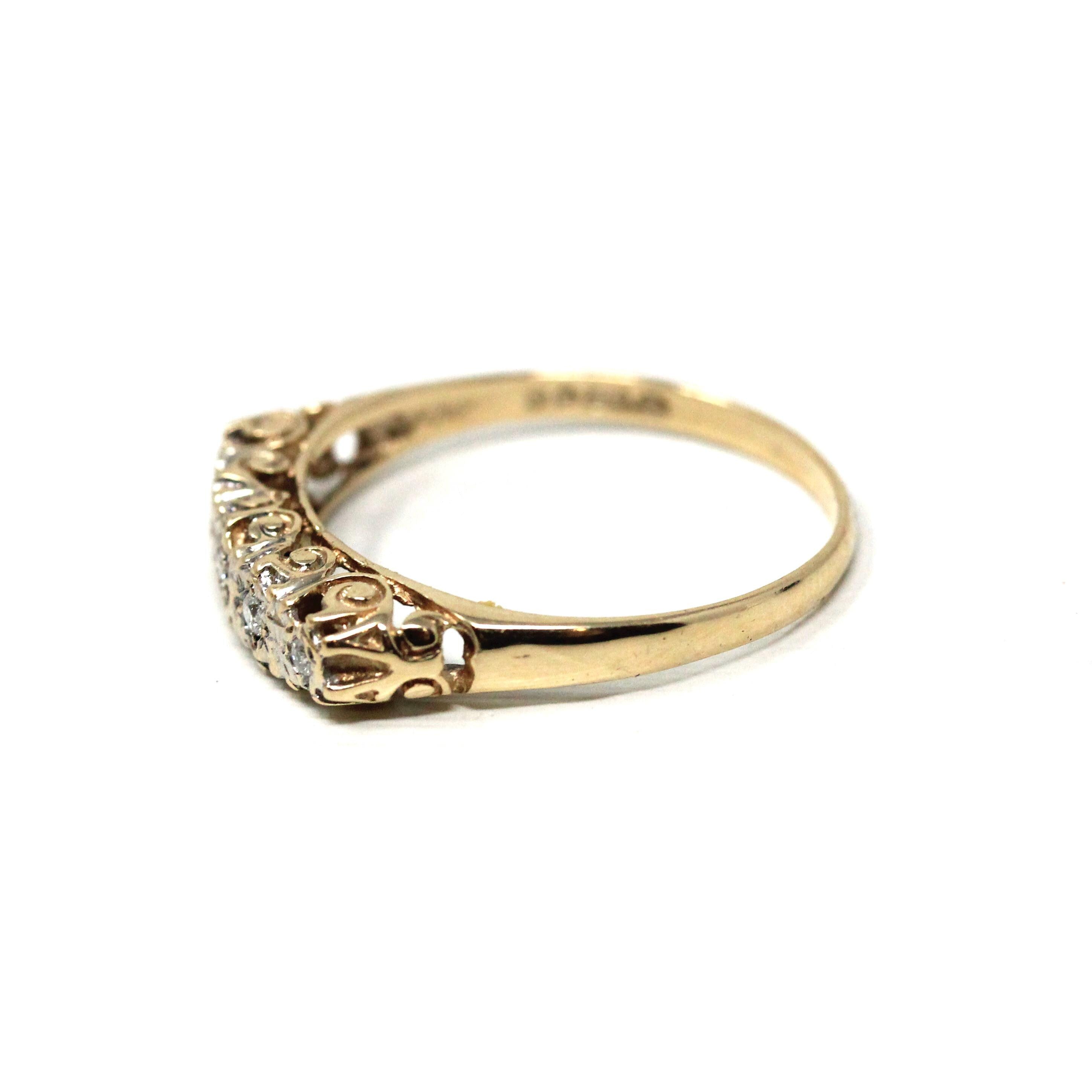 1980s Diamond Band - Vintage 9k Yellow Gold Natural Five Gemstones Wedding Ring - Estate Hallmarked 1981 Era Size 7 3/4 Unisex Fine Jewelry