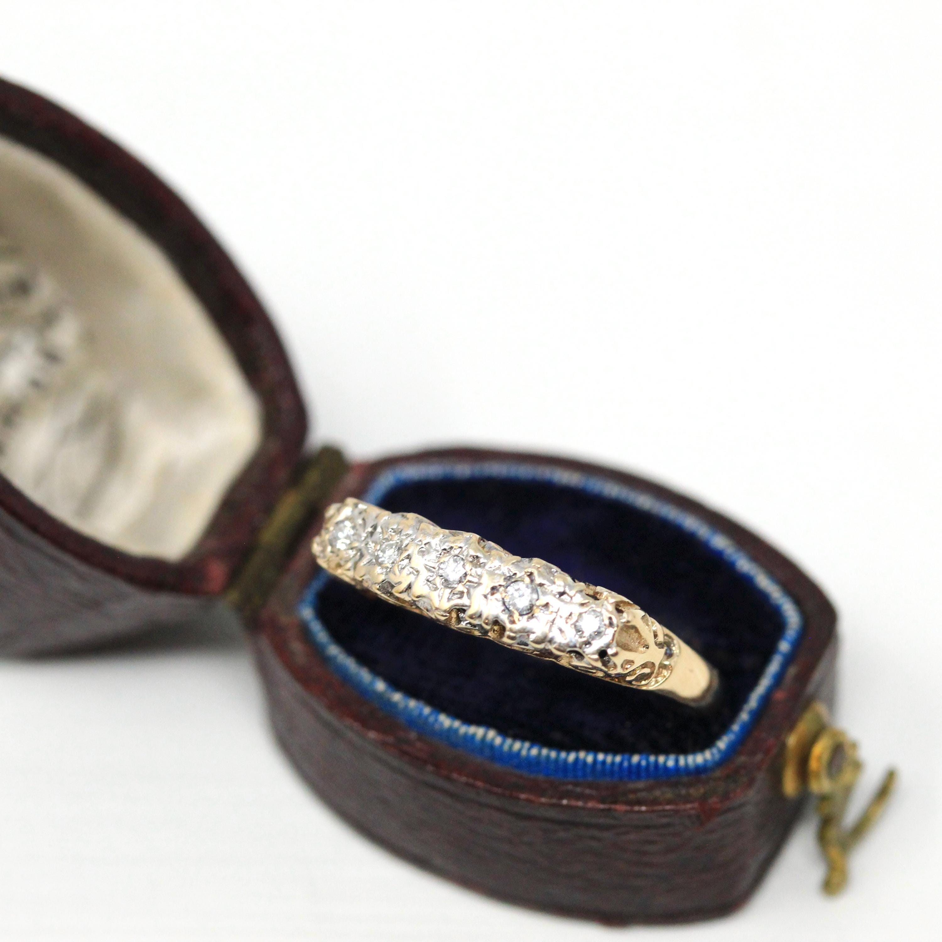 1980s Diamond Band - Vintage 9k Yellow Gold Natural Five Gemstones Wedding Ring - Estate Hallmarked 1981 Era Size 7 3/4 Unisex Fine Jewelry