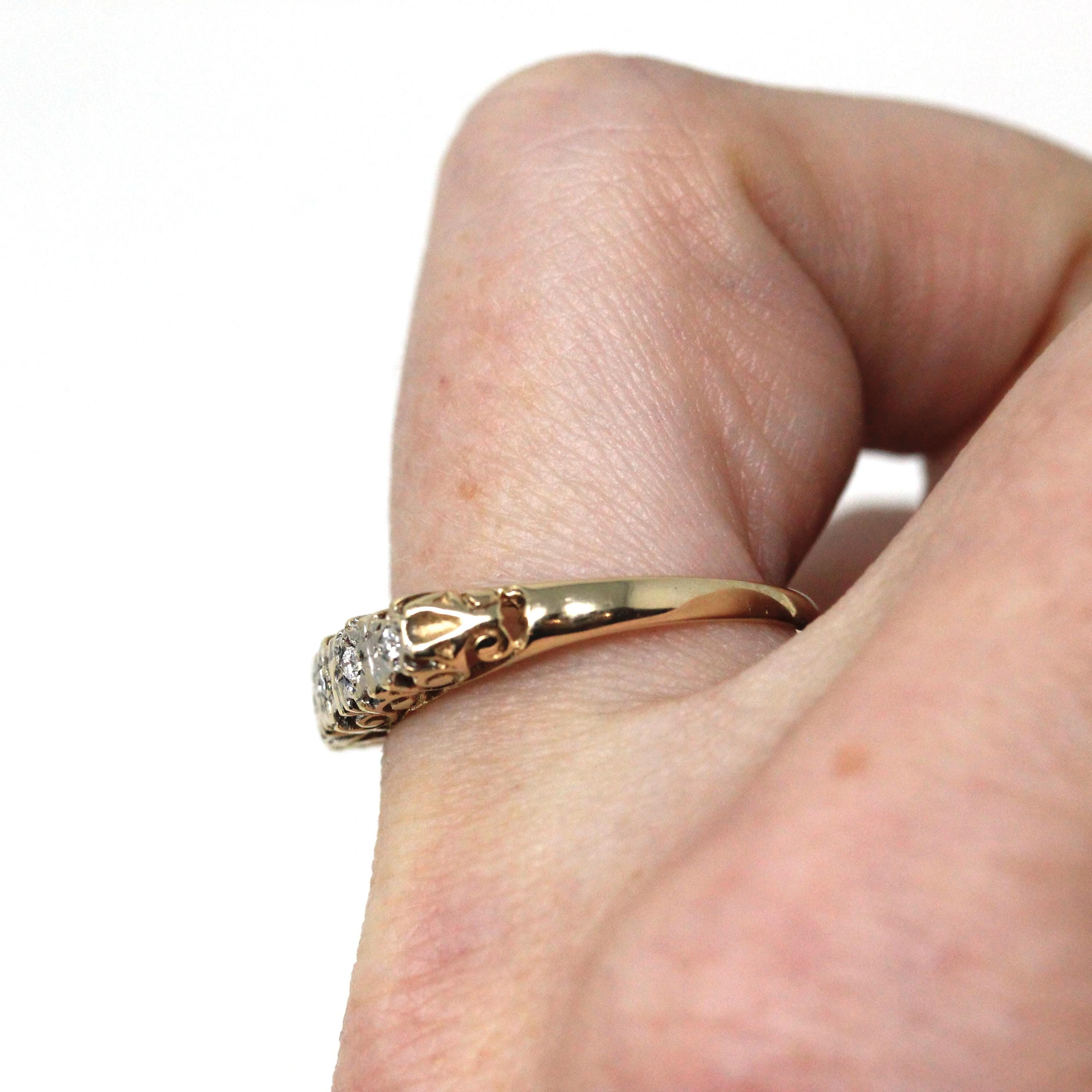 1980s Diamond Band - Vintage 9k Yellow Gold Natural Five Gemstones Wedding Ring - Estate Hallmarked 1981 Era Size 7 3/4 Unisex Fine Jewelry