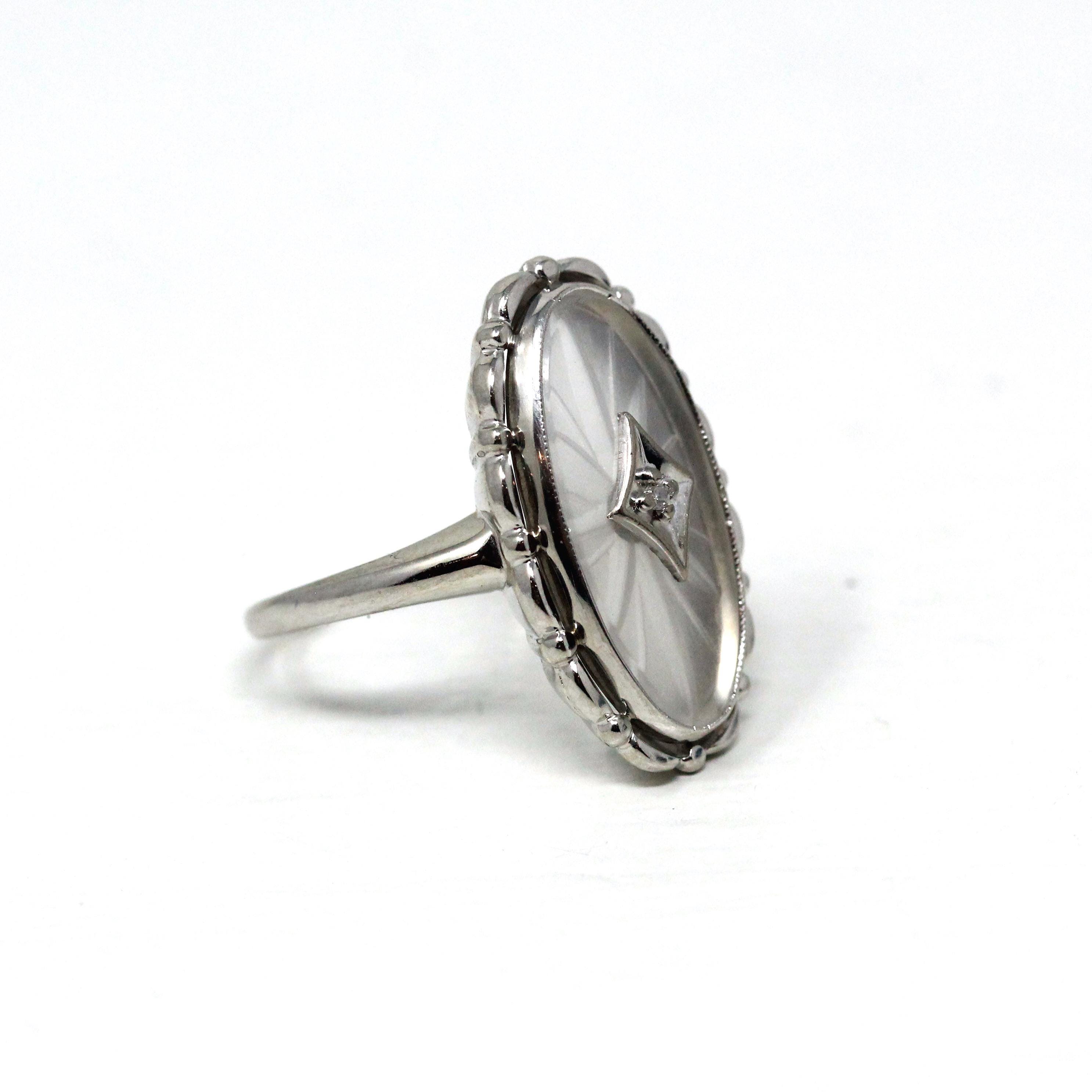 Rock Crystal Quartz Ring - Vintage 10k White Gold Natural Diamond Statement - Mid Century 1950s Size 6 1/4 Clear Frosted Oval Fine Jewelry