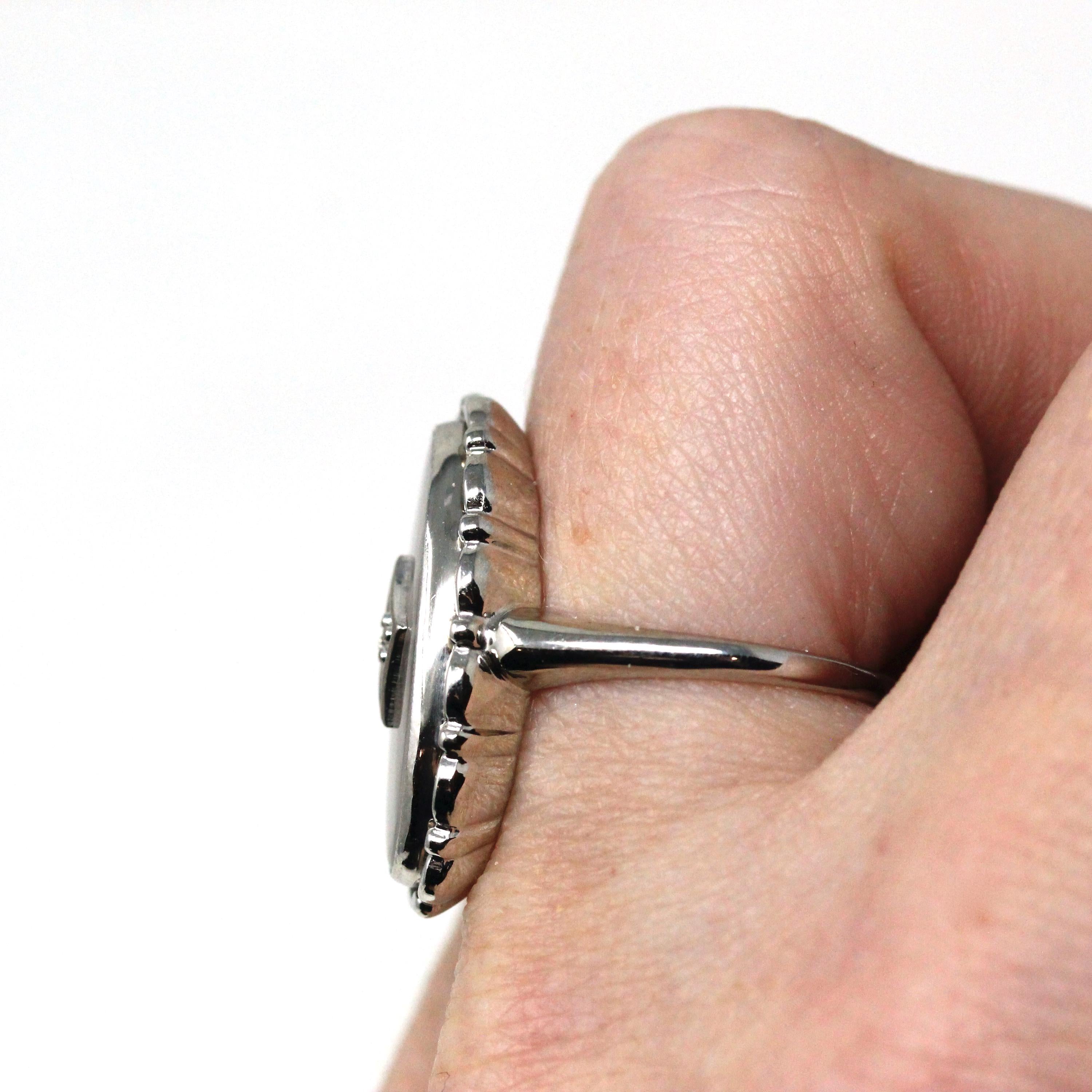 Rock Crystal Quartz Ring - Vintage 10k White Gold Natural Diamond Statement - Mid Century 1950s Size 6 1/4 Clear Frosted Oval Fine Jewelry