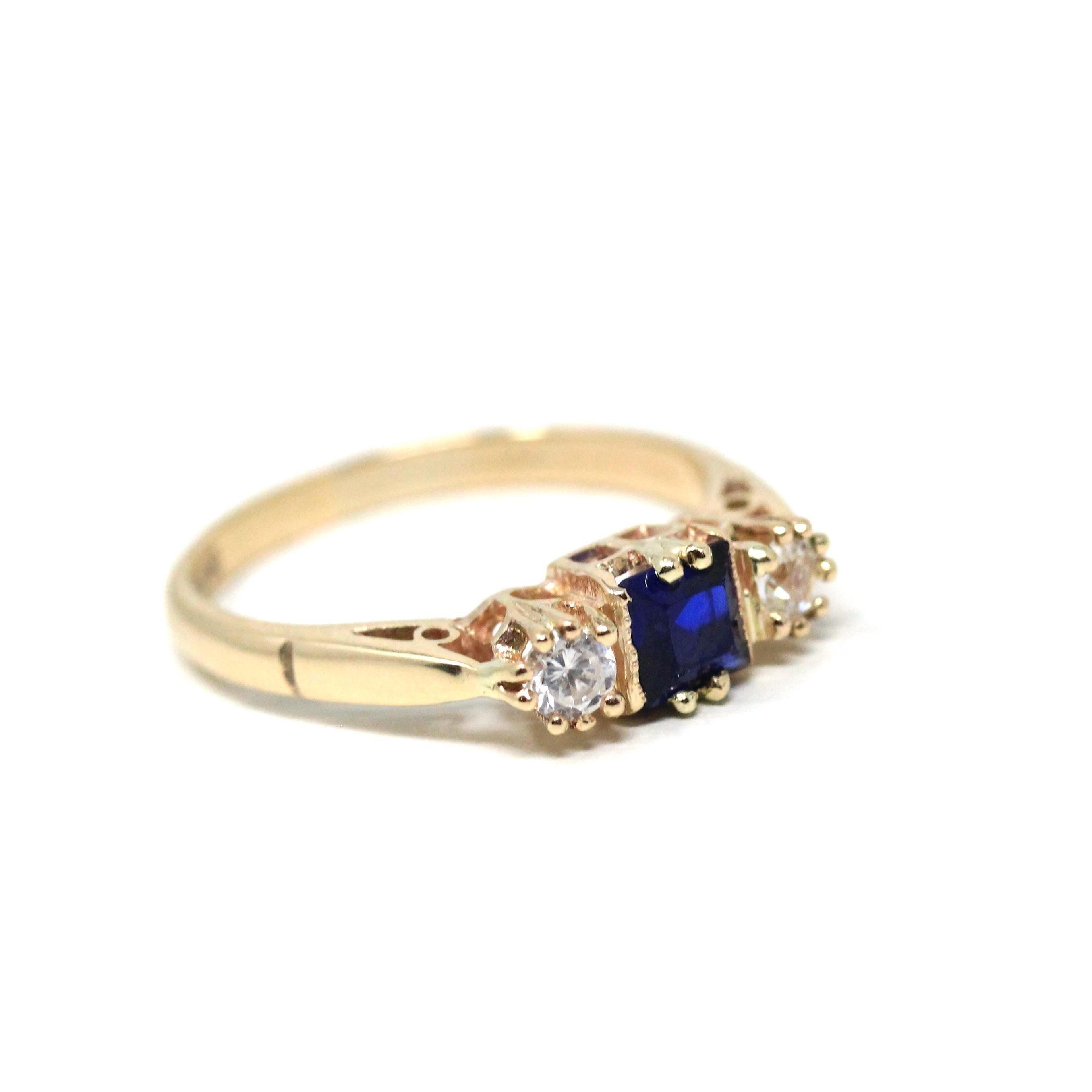 Modern Three Stone Ring - Estate 9k Yellow Gold Created Blue Sapphire & White Spinel Gemstones - Hallmarked 1989 Size 7 3/4 Fine 80s Jewelry