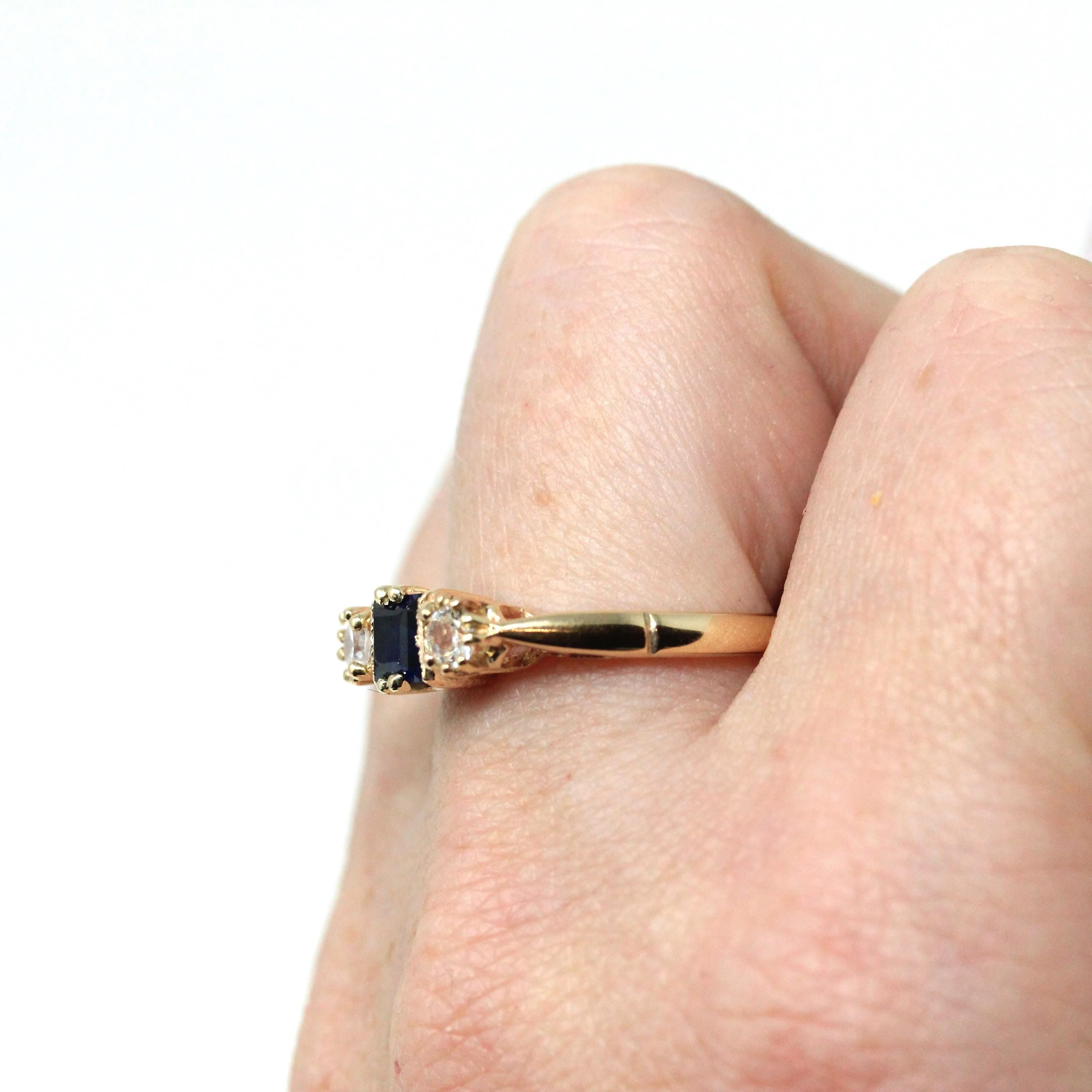 Modern Three Stone Ring - Estate 9k Yellow Gold Created Blue Sapphire & White Spinel Gemstones - Hallmarked 1989 Size 7 3/4 Fine 80s Jewelry