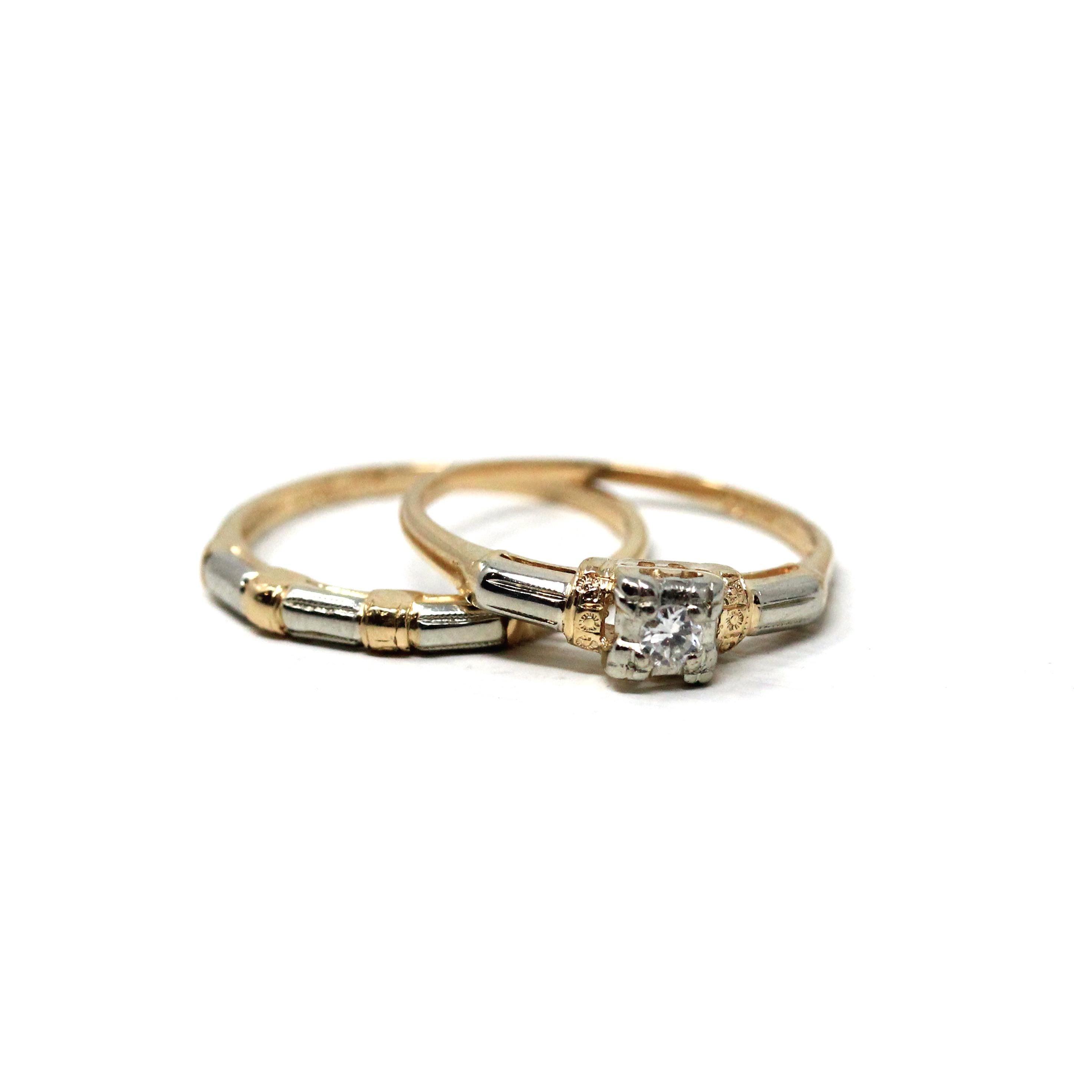 Vintage Ring Set - Retro Era 14k Yellow & White Gold Two Tone Natural Diamond - Circa 1940s Size 6 Bridal Engagement Wedding Fine Jewelry